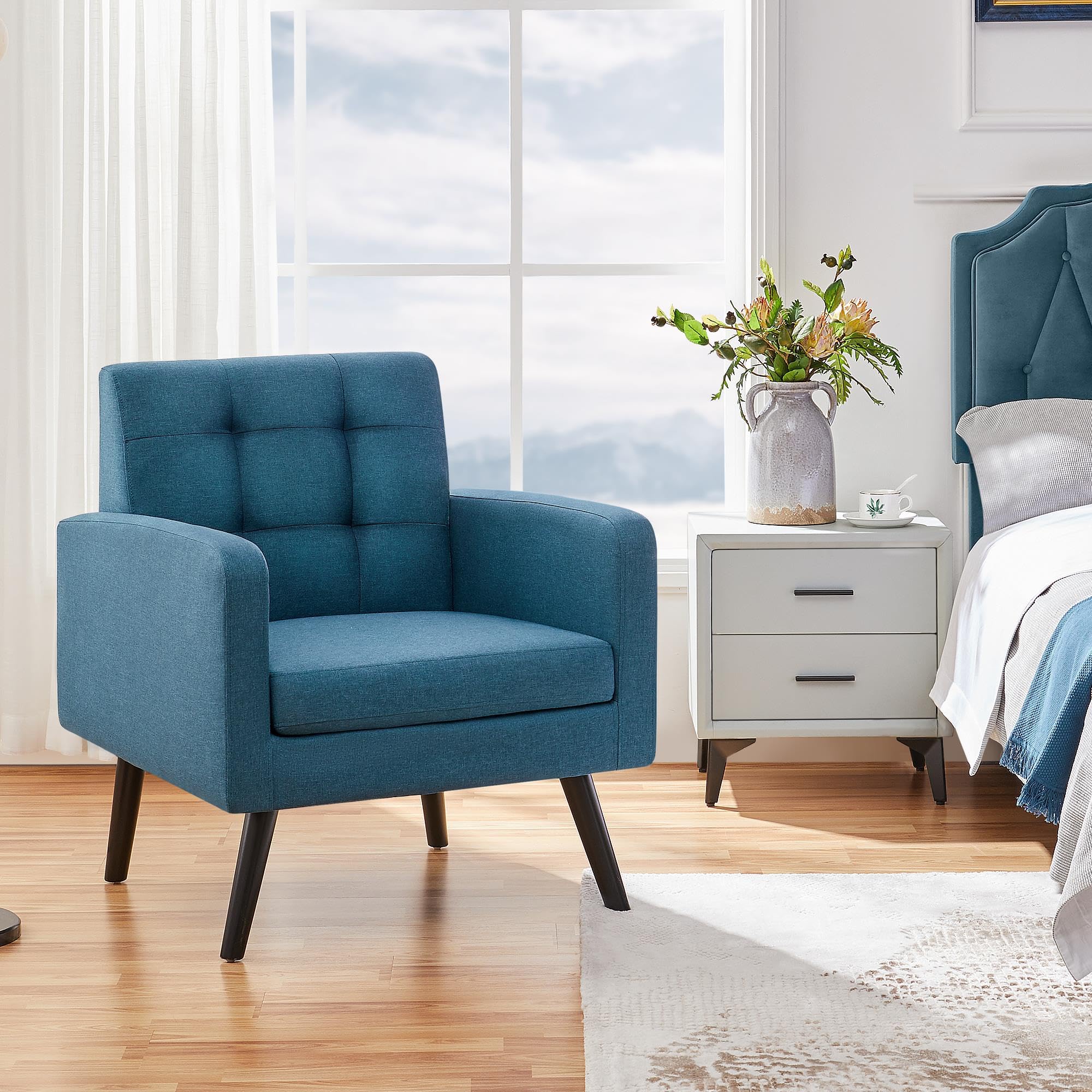 Yaheetech Mid-Century Modern Accent Chair - Navy Blue Upholstered Armchair with Button Tufted Back & Wooden Legs for Living Room, Bedroom, Office or Cafe - Perfect for Relaxing, Reading & Home Decor
