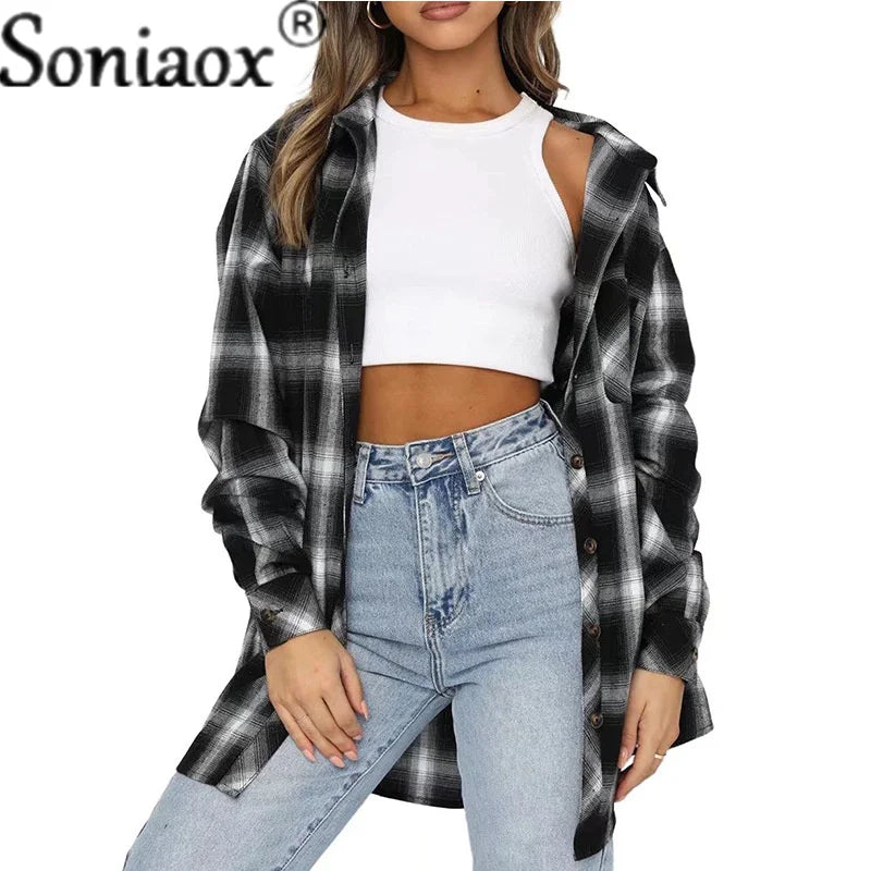 Women's Flannel Plaid Shirt - Soft Loose Fit Long Sleeve Button Down Blouse with Pockets | Casual Fall & Winter Layering Top for Outdoor Activities, Work & Everyday Wear