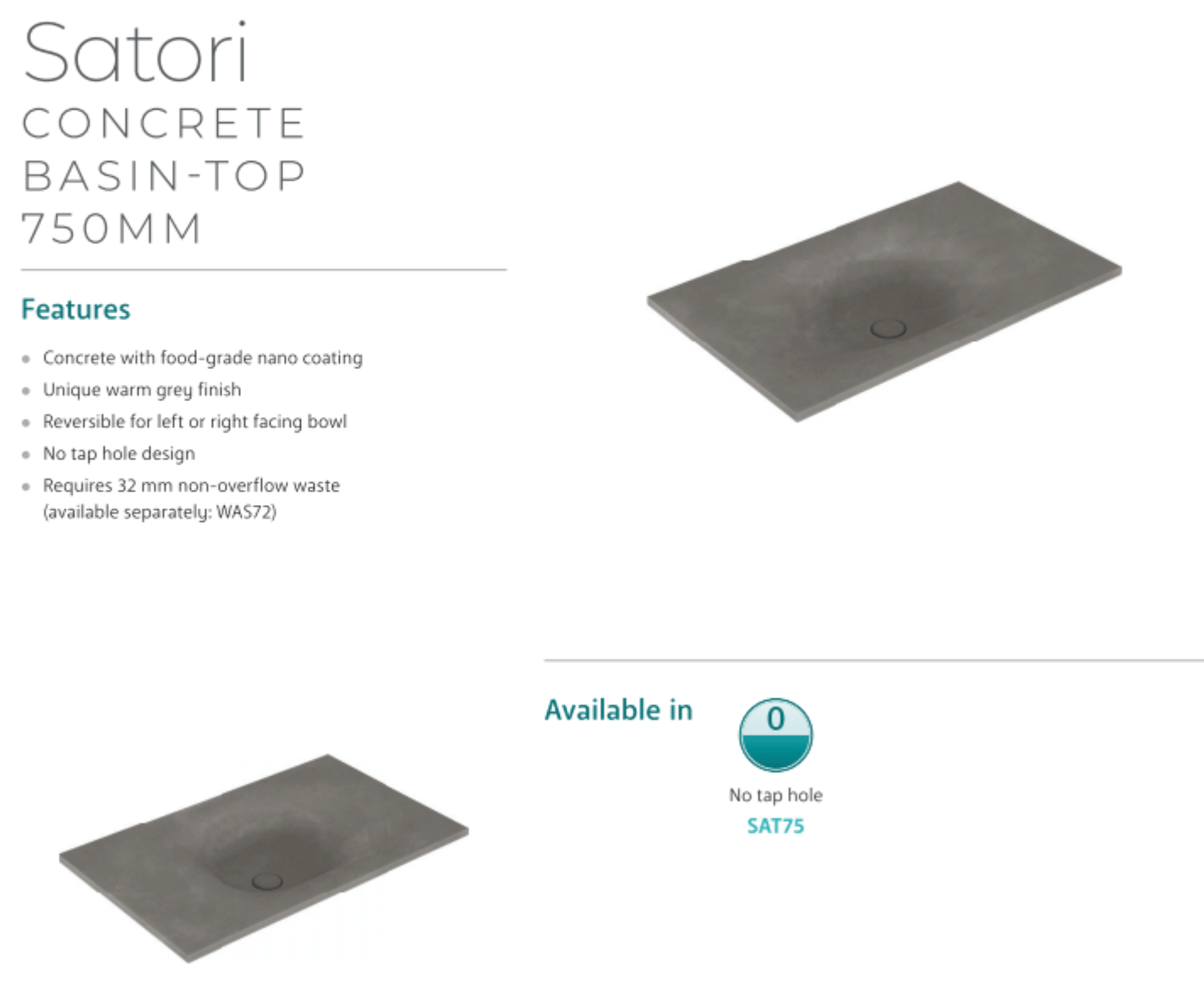 Fienza SAT75 Satori 750mm Modern Concrete Bathroom Sink Countertop - Perfect for Contemporary Vanities and Spa-Inspired Bathrooms