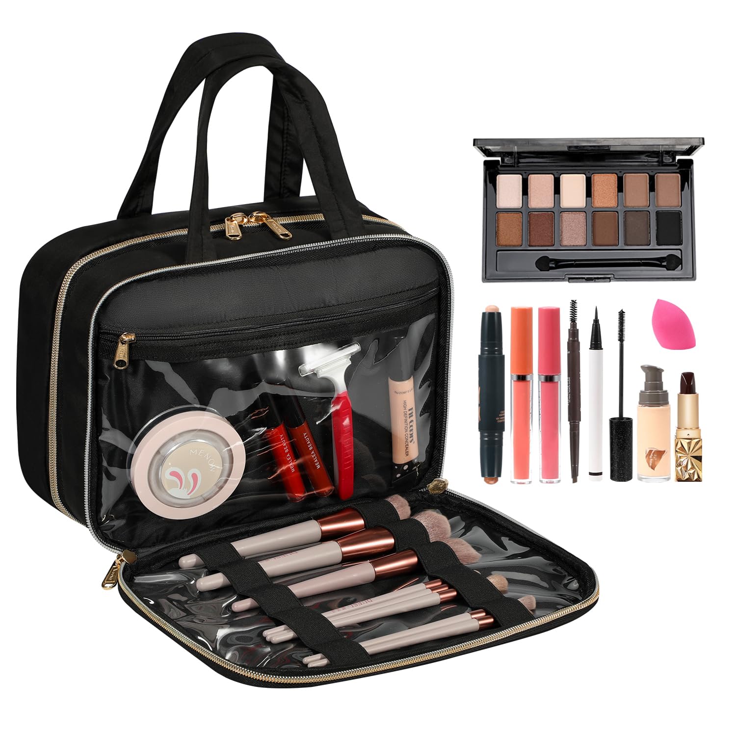 Voova Waterproof Hanging Travel Toiletry Bag for Women & Men - Large Cosmetic Organizer with Full-Sized Container & Brush Holder - Perfect for Shampoo, Makeup Essentials & Travel Accessories (Black) | Ideal for Camping, Gym, Business Trips & Vacation Packing