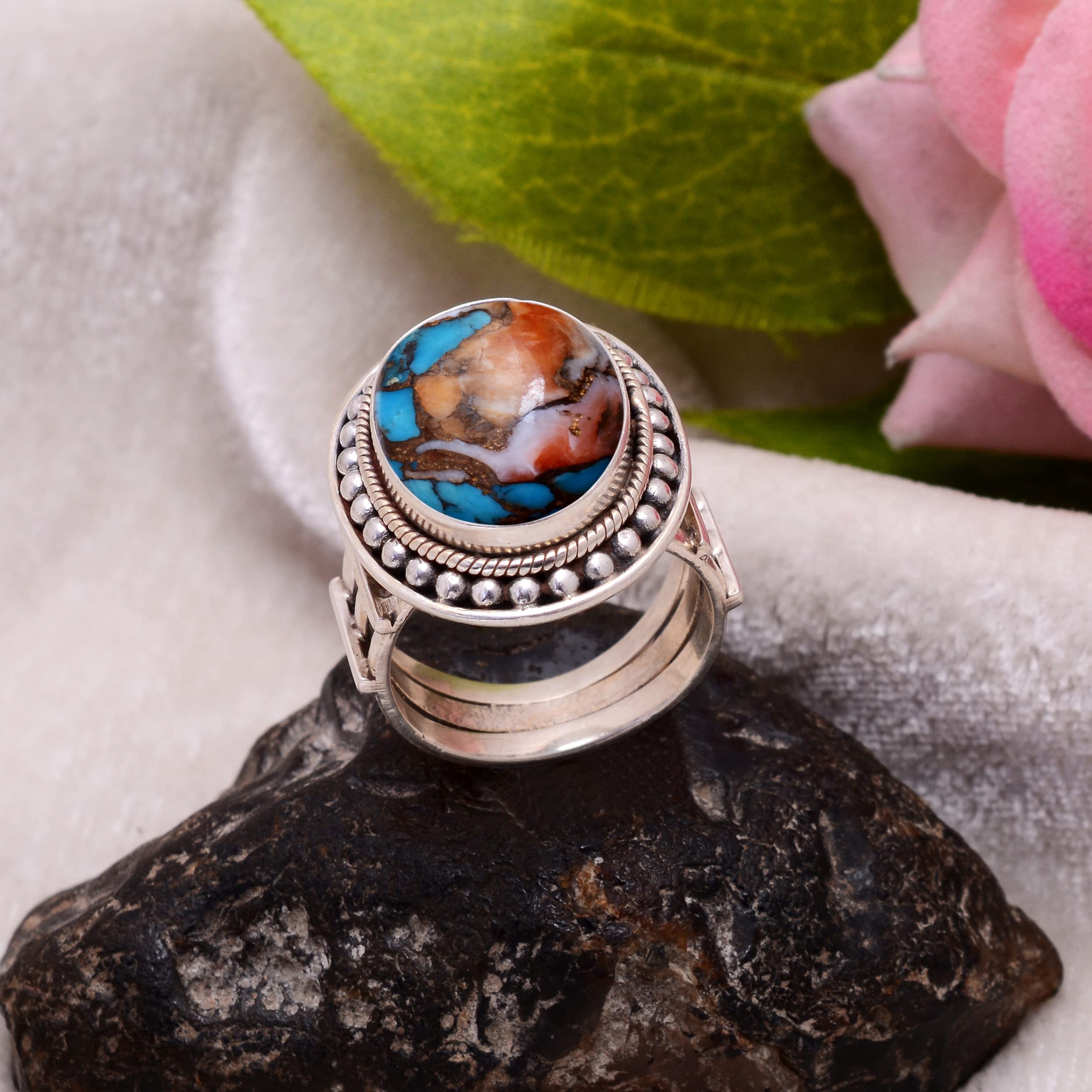 Veracity Jewelry 925 Sterling Silver Oyster Copper Turquoise Ring for Women - Kingman Mojave Spiny Oyster Healing Meditation Jewelry - Multi-Color Turquoise Gemstone Ring (VSR-35) | Perfect for Boho Fashion, Spiritual Healing & Everyday Wear