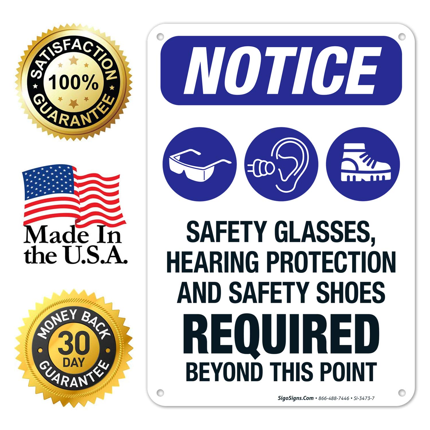 OSHA Safety Sign - Safety Glasses, Hearing Protection & Safety Shoes Required - Workplace Safety Equipment for Construction & Industrial Areas