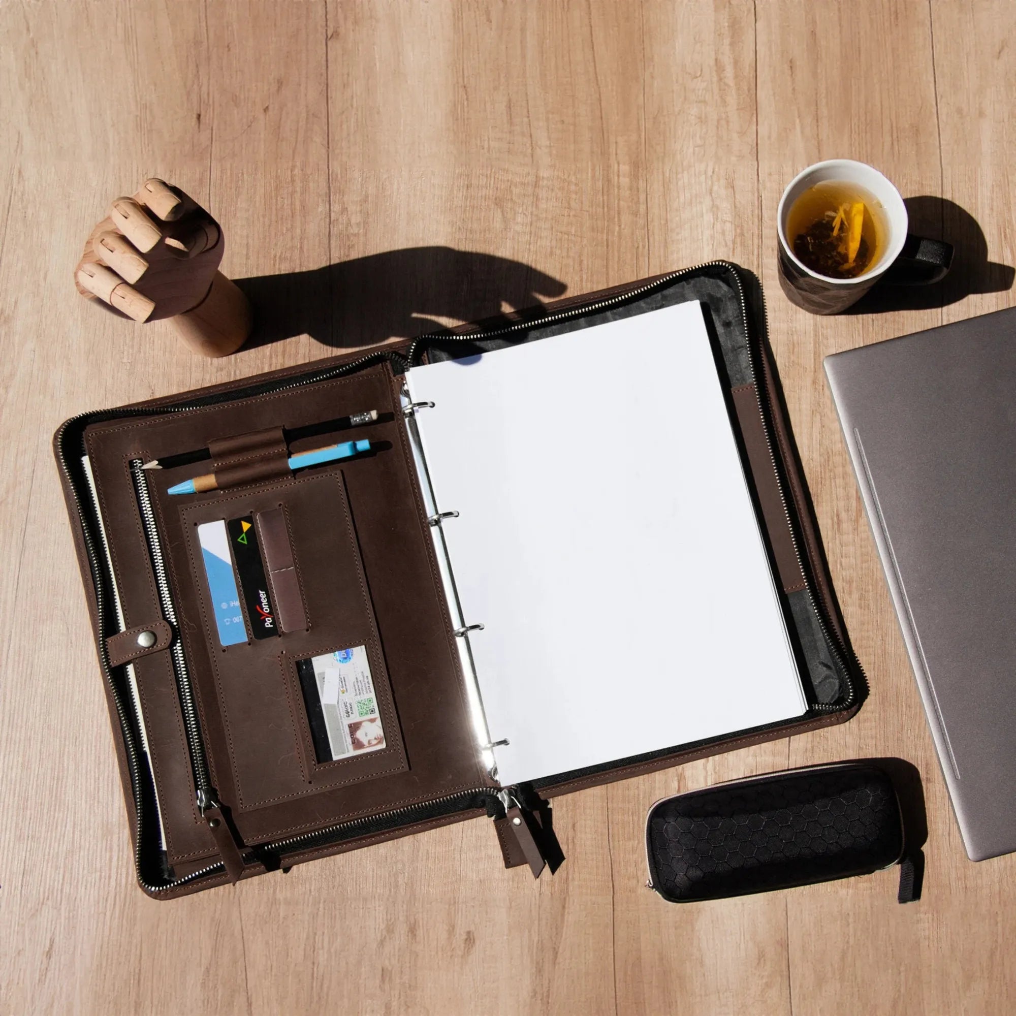 Minimalist Zippered Padfolio - Professional Leather Portfolio with Notepad Holder for Business Meetings & Office Organization