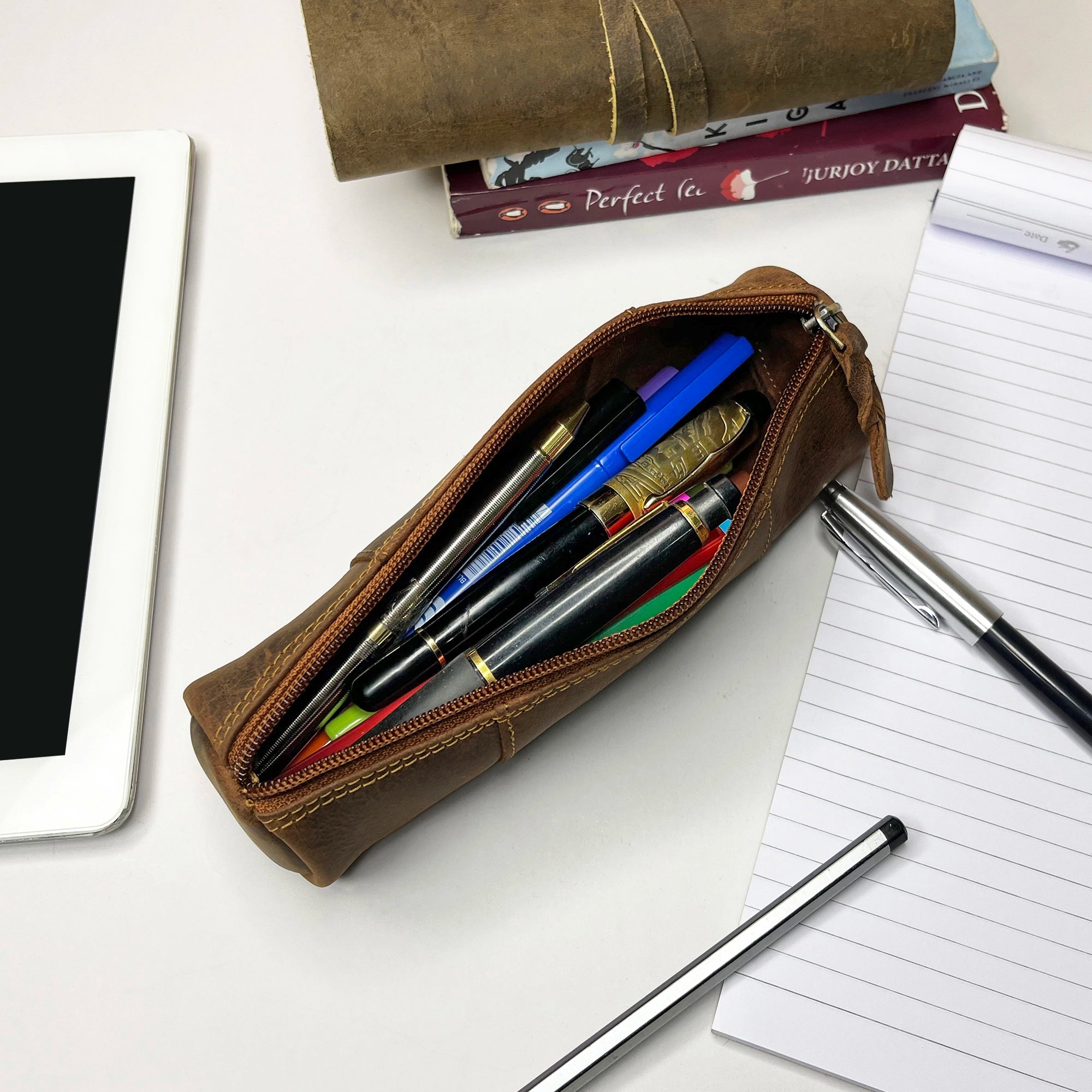 Premium Winnie Leather Zipper Pen Pencil Case - Brown, School & Office Organizer for Students & Professionals - Perfect for Backpacks, Desks & Travel Accessories