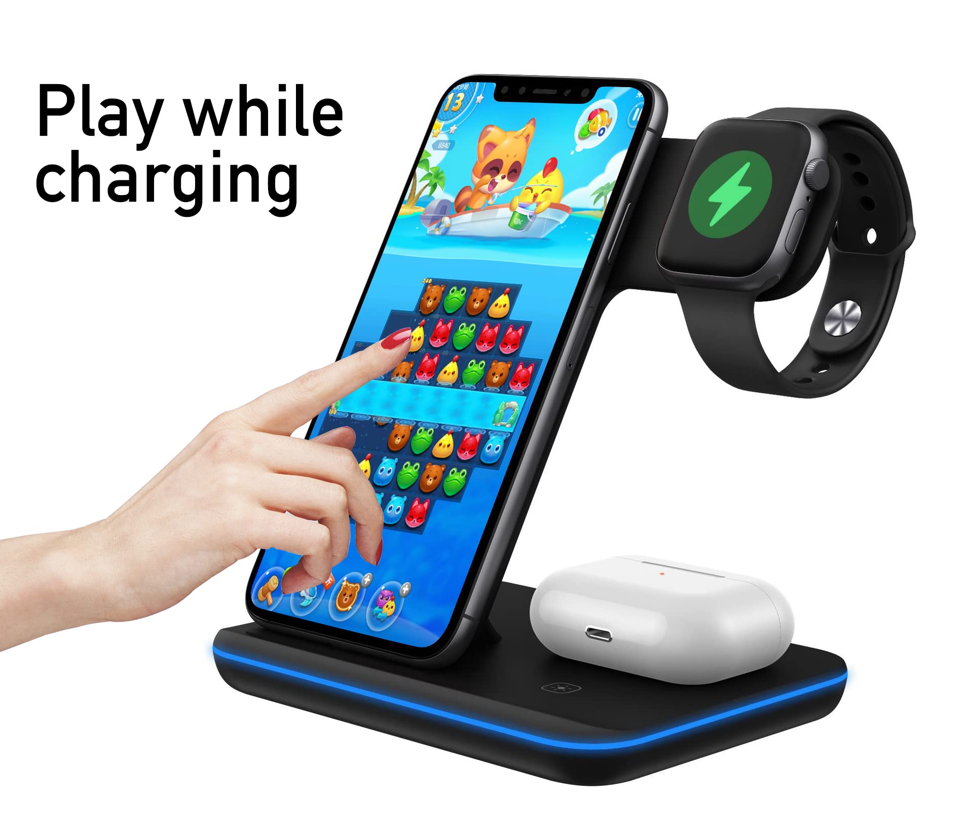 3-in-1 Qi Certified Wireless Charging Station for iPhone 13/12/11/Pro/Max/XS/XR/X, Apple Watch Series 7/6/SE/5/4/3/2 & AirPods Pro/3/2/1 - Fast All-in-One Charger for Bedside, Office & Travel (Z5, Black)