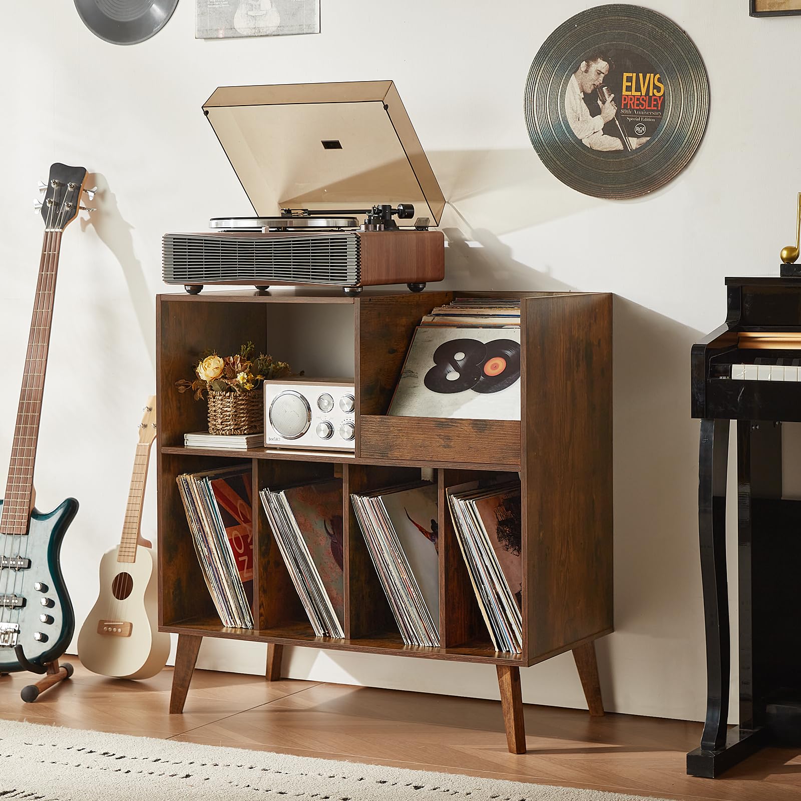 LELELINKY Large Wooden Record Player Stand with Storage - Holds 300 Vinyl Albums, Turntable Display Shelf for Living Room & Music Room - Perfect for Vinyl Collectors & Audiophiles (Brown)