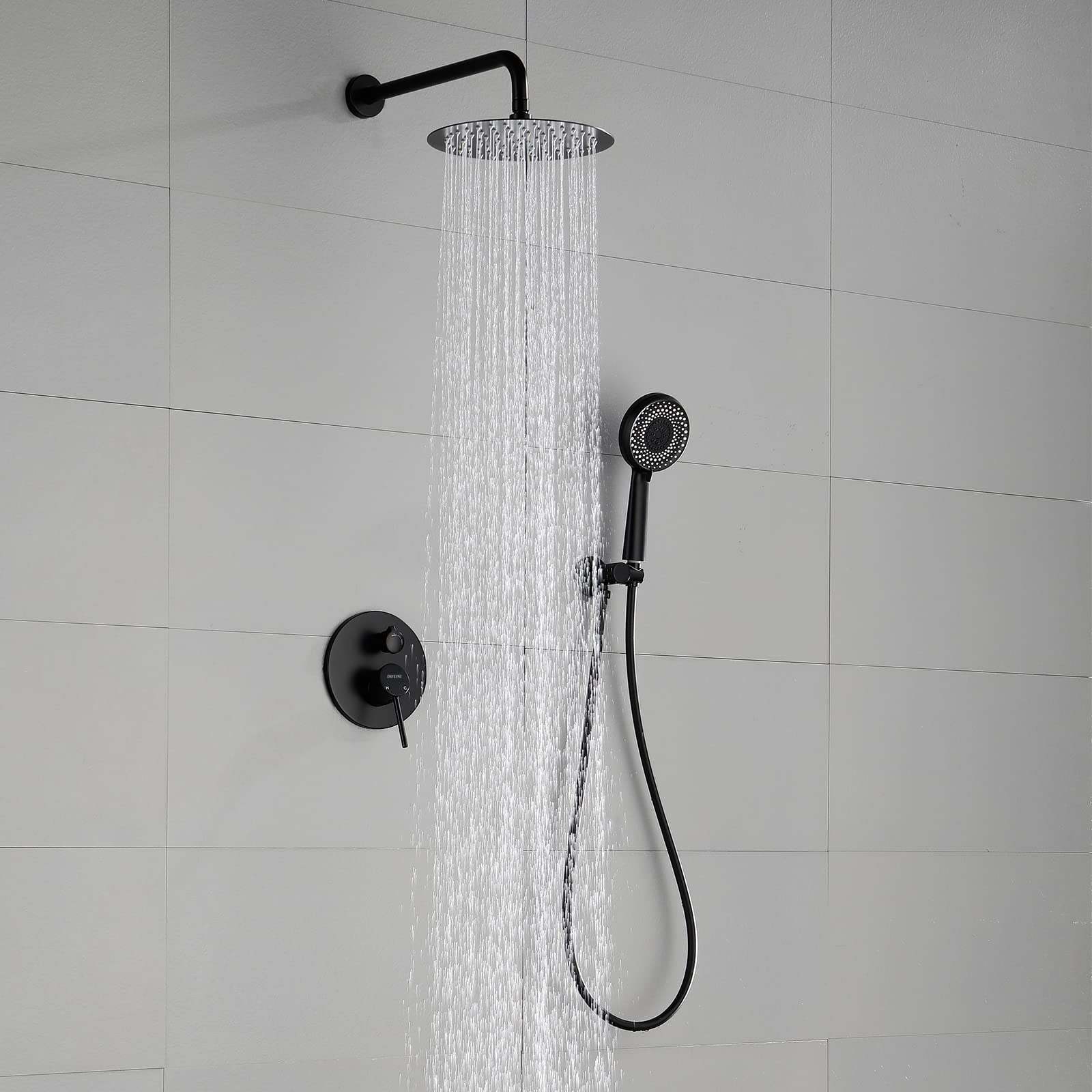 Matte Black Shower System - 10 Inch Stainless Steel Rainfall Shower Head with Rough-in Valve Trim Kit - Modern Bathroom Faucet Set for Luxury Spa Experience at Home