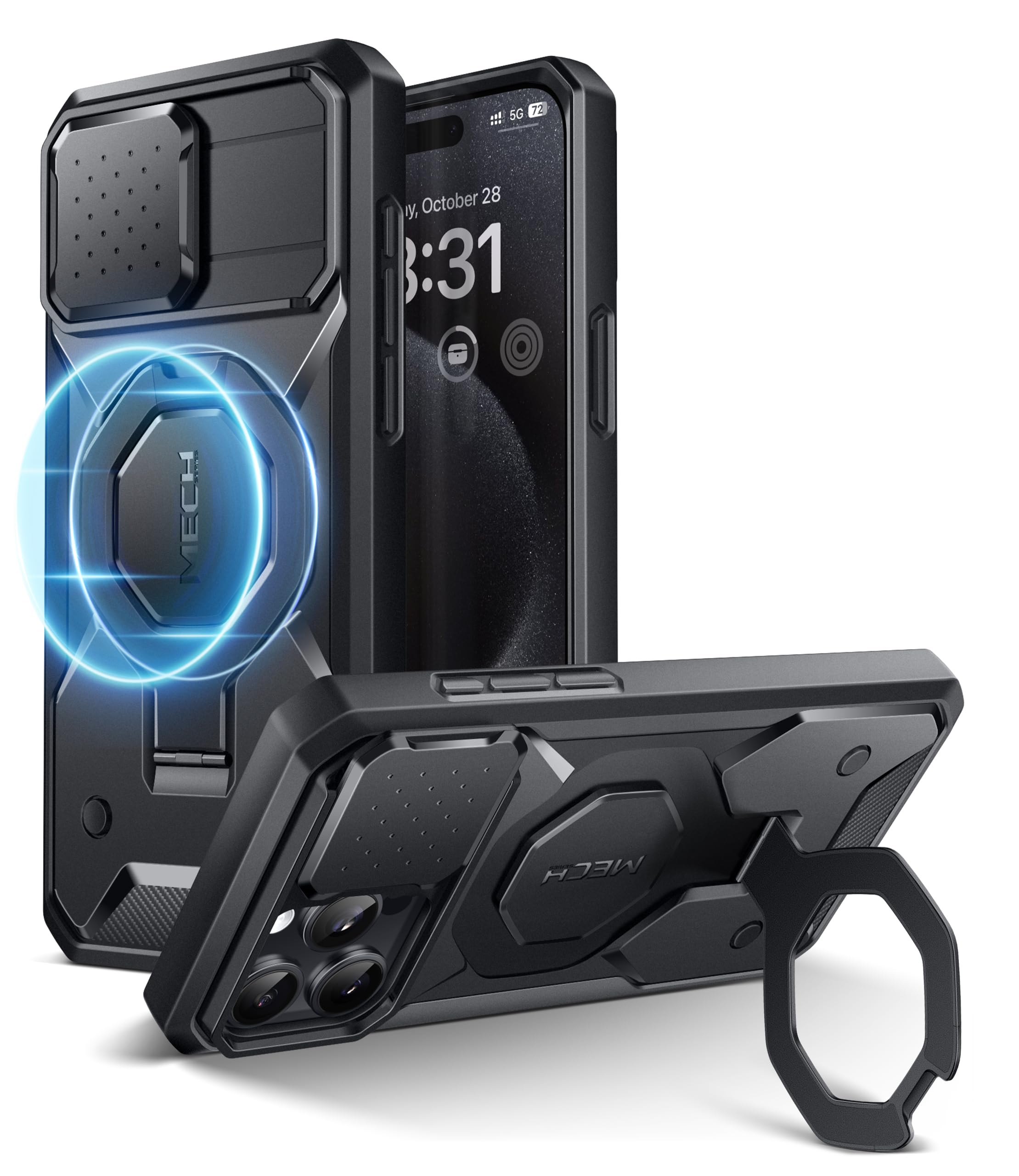 TONGATE Magnetic iPhone 15 Pro Max Case - Military Drop Shockproof with MagSafe Compatibility, Invisible Stand & Camera Protection | Includes Tempered Glass | Perfect for Outdoor Adventures, Work & Daily Use - Black