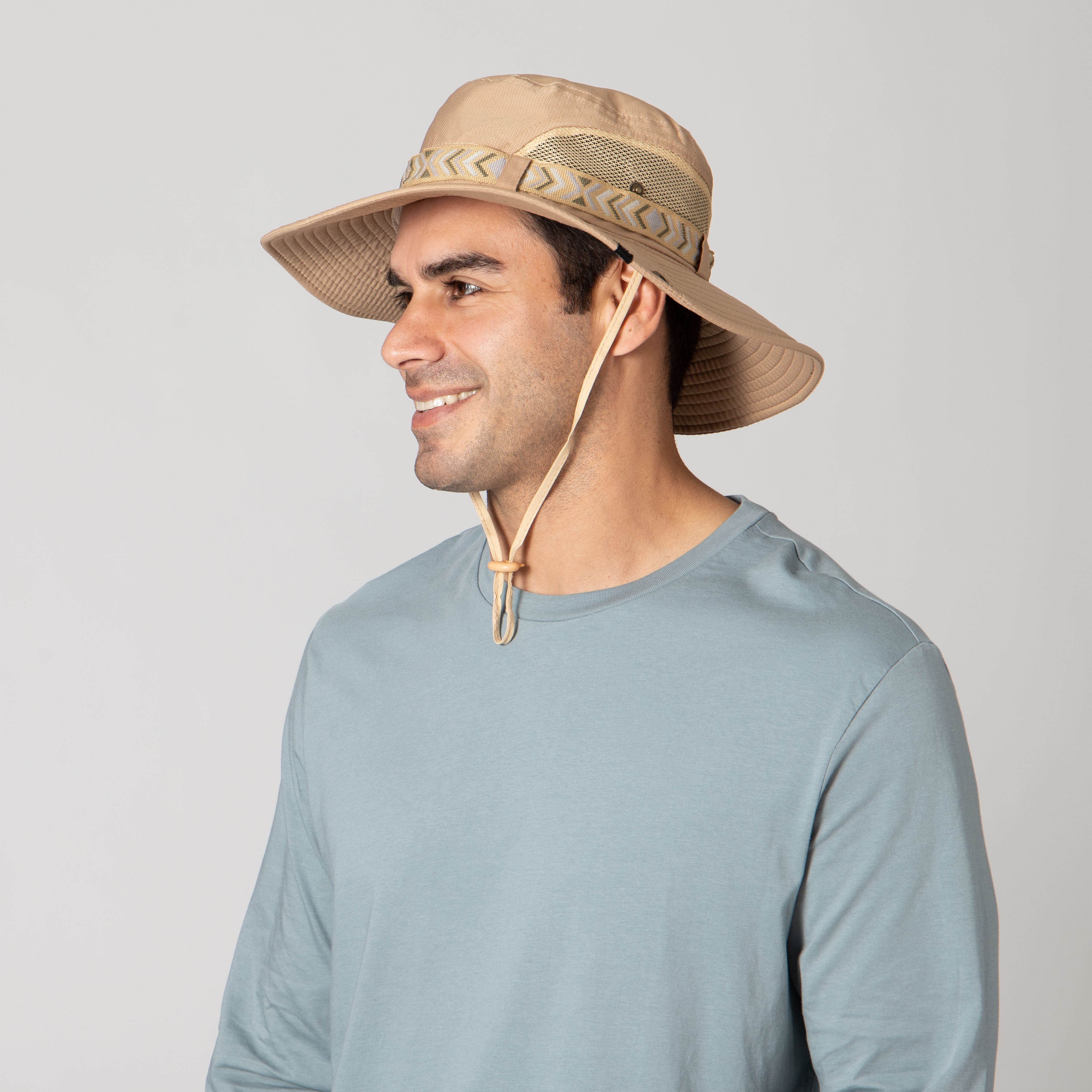 Men's Floatable Wide Brim Sun Hat with Jacquard Trim - UPF 50+ UV Protection for Beach, Fishing & Outdoor Activities