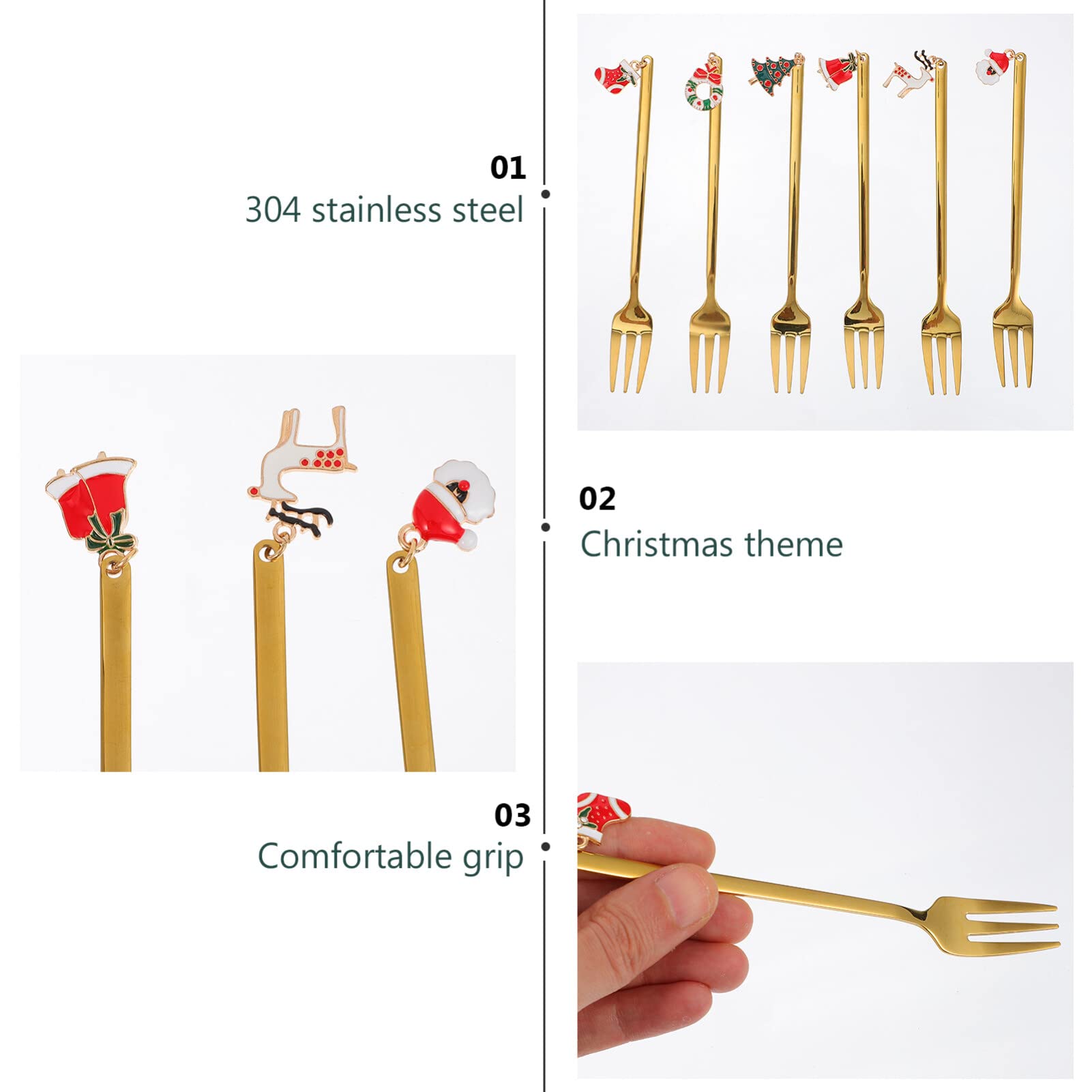 6-Piece Stainless Steel Dessert Forks Set - Gold 2-Prong Appetizer Forks for Fruit, Cake, Cheese & Party Snacks - Elegant Moon Cake Forks with Gift Box - Perfect for Christmas, Weddings, Catering & Tea Parties