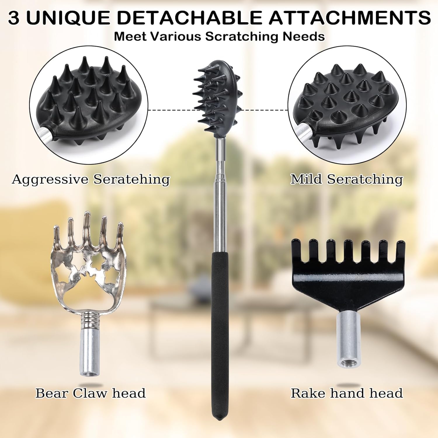 3Pcs Detachable Head Back Scratcher for Men & Women - Adjustable Telescoping Bear Claw & Rake Dual-Sided Design with Muscle Relief - Perfect for Back Itching, Massage & Relaxation at Home/Office/Travel (Black & Silver)