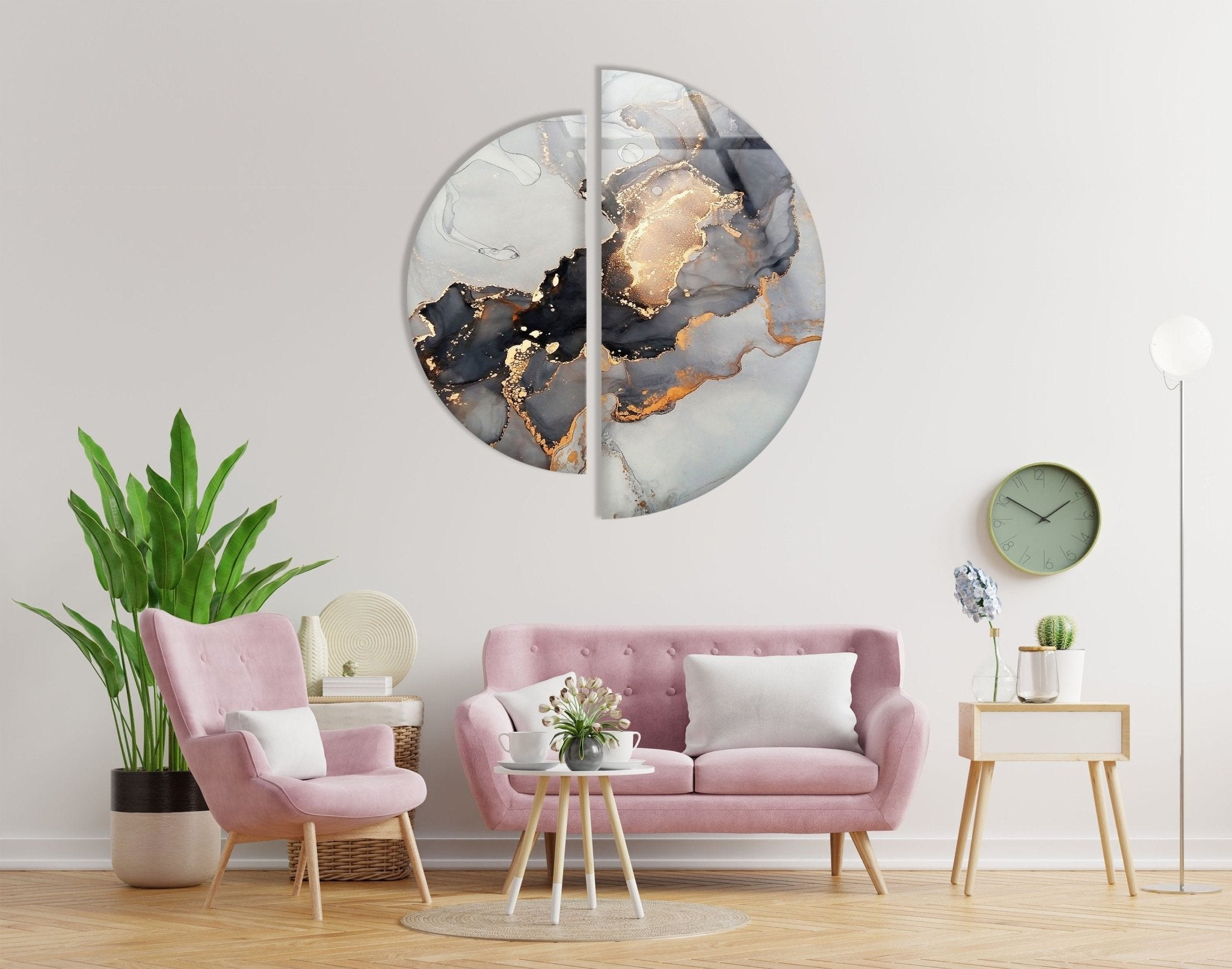 2 Piece Grey Golden Marble Glass Wall Art Set - Modern Abstract Home Decor for Living Room, Bedroom, Office - Shatterproof Tempered Glass Hanging Decor