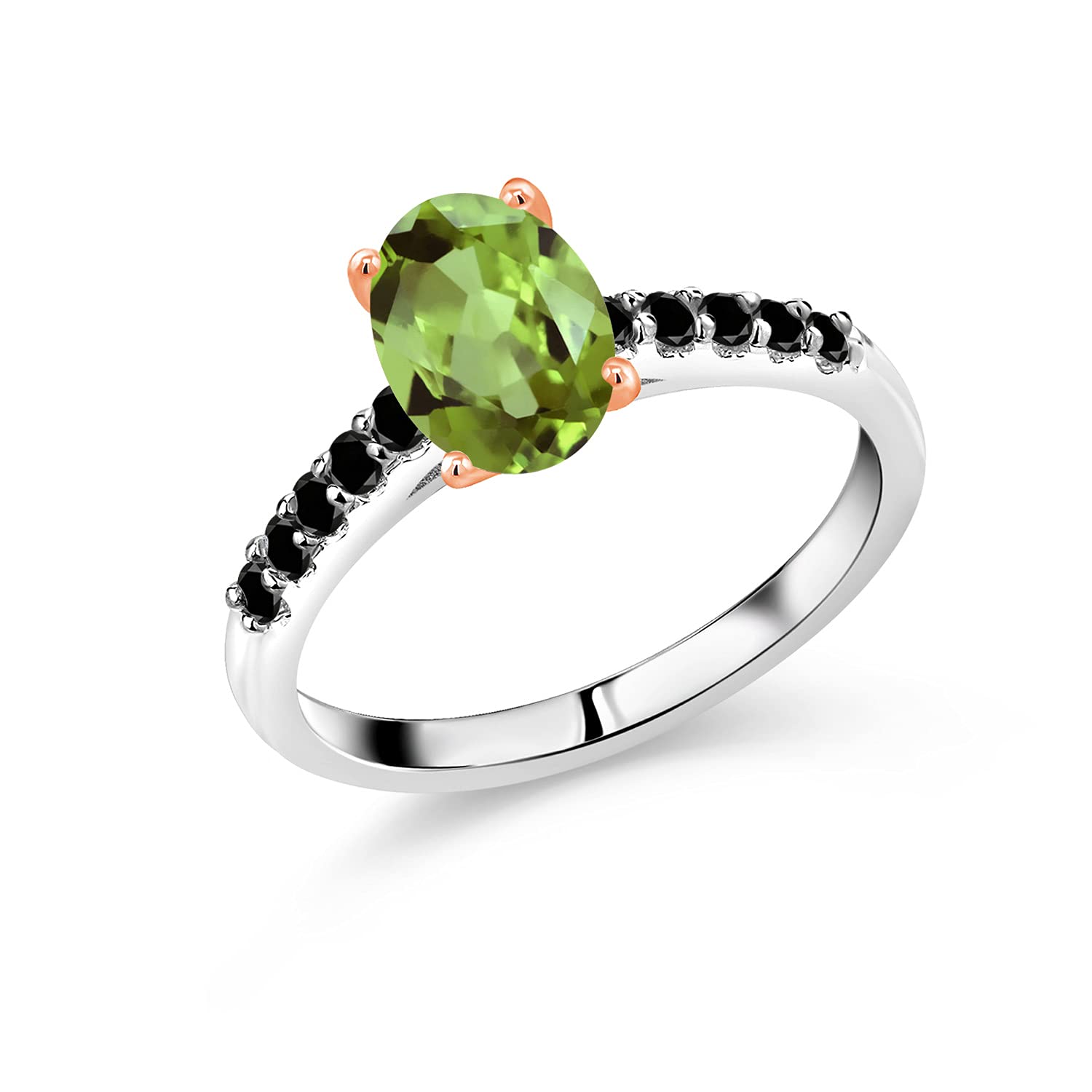 2.43 Ct Natural Green Peridot & Black Diamond 10K White Gold Ring with Rose Gold Prongs | Elegant Birthstone Jewelry for Women | Perfect for Engagement, Anniversary & Special Occasion Gifts