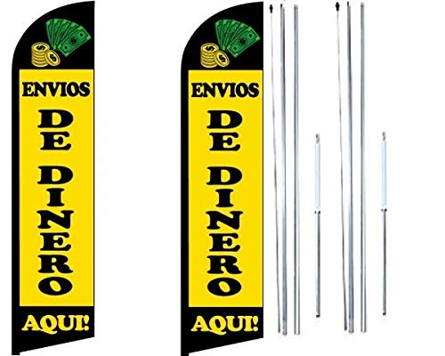 OnPoint Wares Money Transfer Here Flags - Pack of 2 | 3x11.5 ft Business Feather Flags for Outdoor Advertising | Complete Hybrid Pole Set | Perfect for Storefronts, Events & Trade Shows