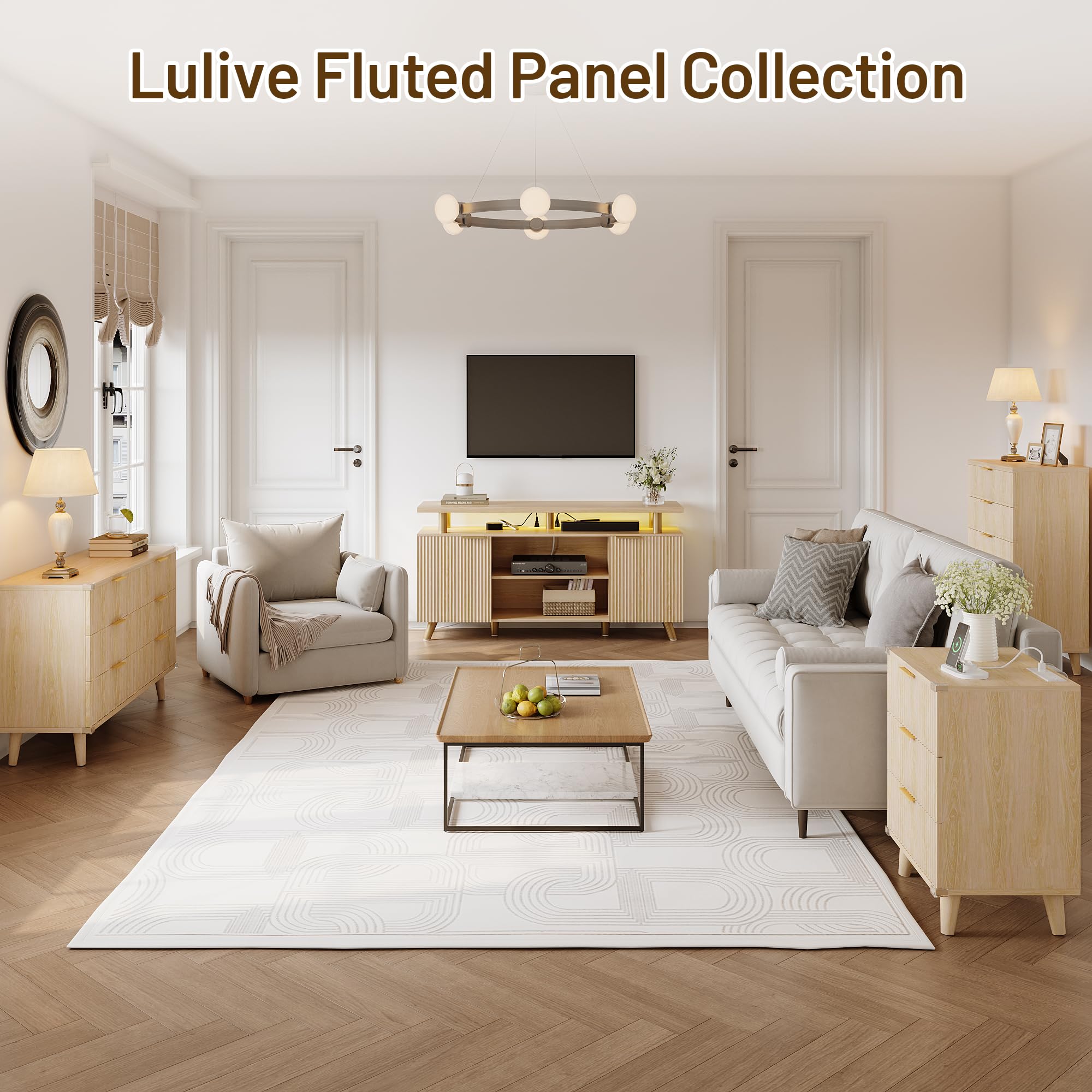 Lulive 65 Inch Fluted TV Stand with Power Outlet & LED Lights - Modern Wood Entertainment Center with 2 Cabinets & 3 Open Shelves - Natural Oak TV Console Table for Living Room (15.7