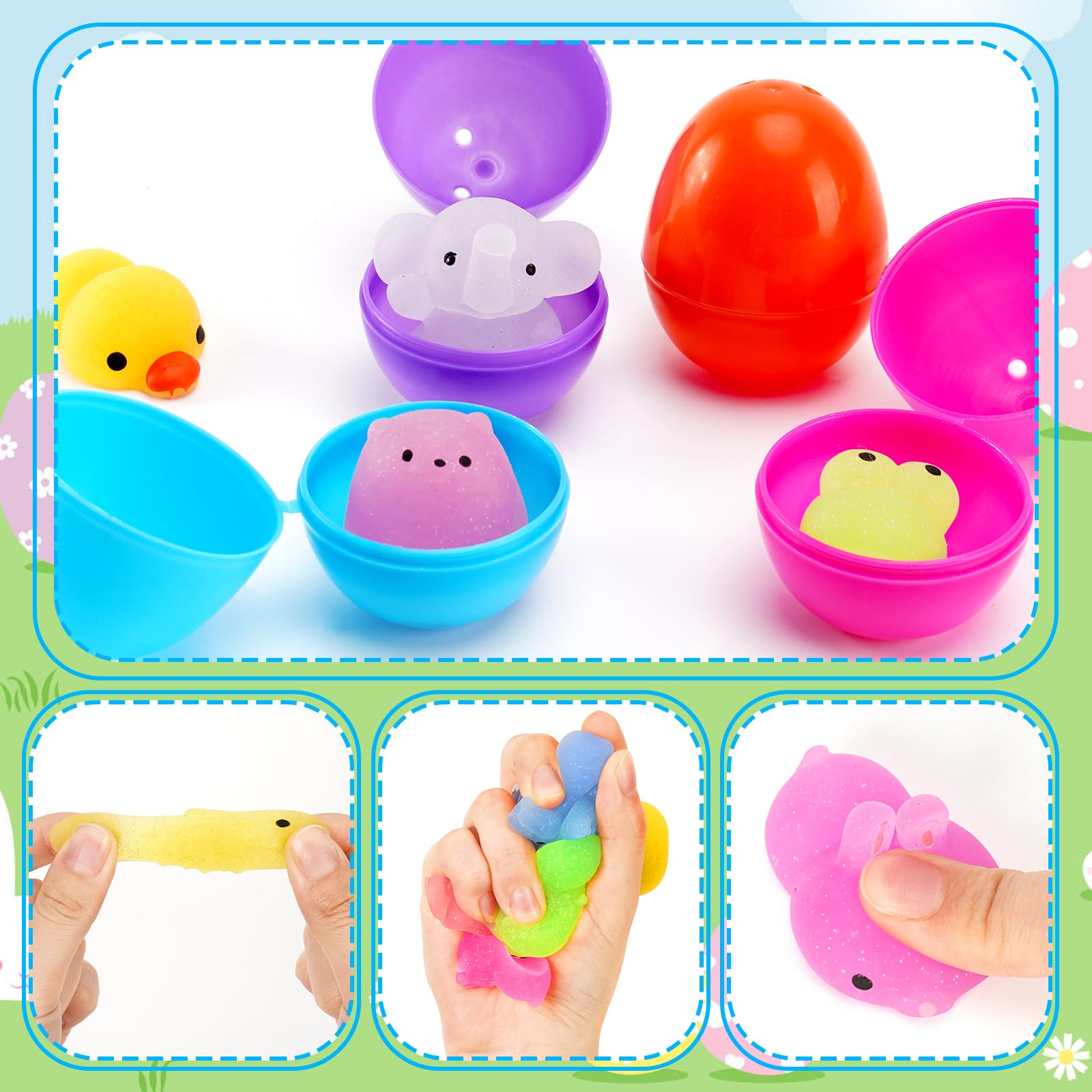 24-Piece Prefilled Easter Eggs with Mini Glitter Animal Toys - Mochi Squishy Stress Relief for Easter Basket Stuffers, Egg Hunts & Classroom Prizes - Perfect for Easter Party Favors, Kids' Activities & Gift Giving