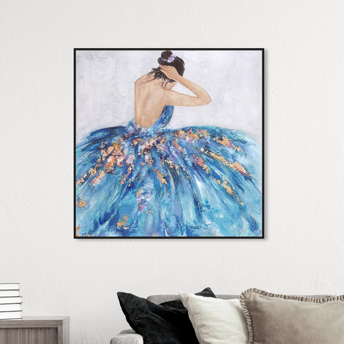 Elegant Princess Dress Glam Blue Framed Canvas Wall Art Print - Blue & Festive Home Decor for Bedroom, Living Room, Nursery | Perfect Gift for Girls, Women & Teens