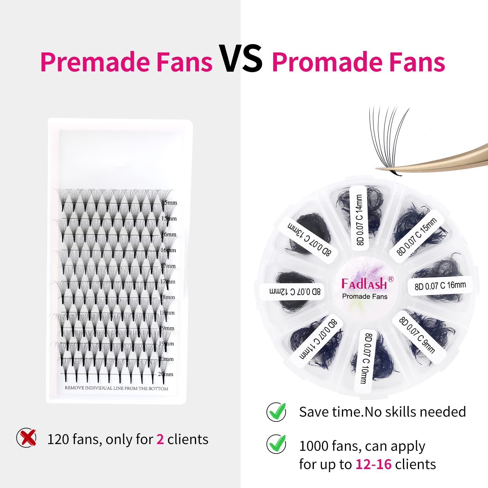 1000pcs Premium Handmade Volume Eyelash Extensions - 8D-0.07C Mixed Lengths (9-16mm) Pointed Base Loose Fans for Professional Salon & DIY Lash Artists | Perfect for Bridal, Party & Special Occasion Makeup