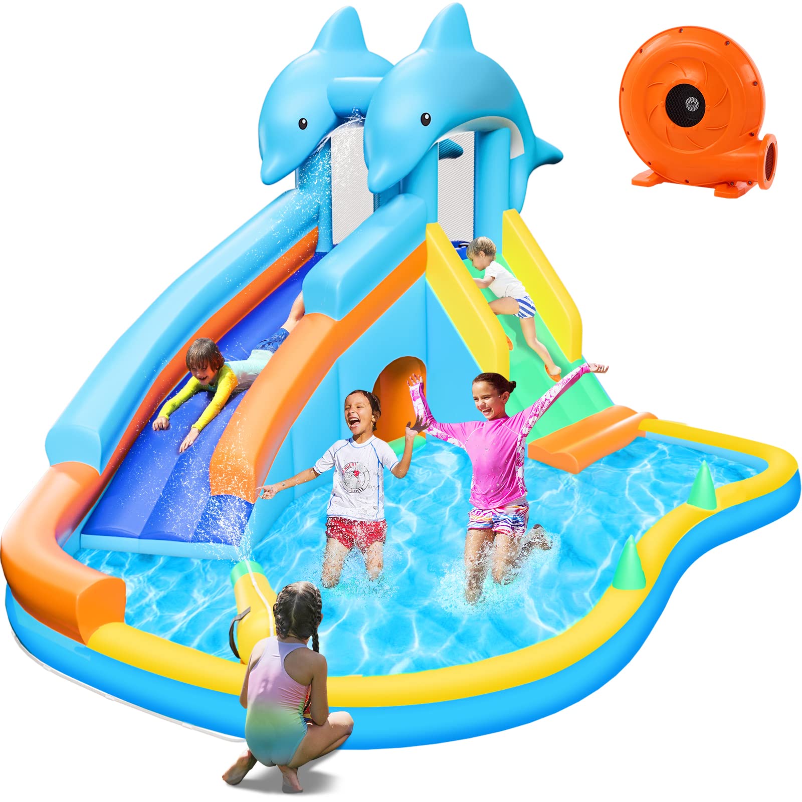 **LAHAAP Inflatable Water Slide & Bounce House for Kids 3-10 Years - Outdoor Water Park with Long Slide, Splash Pool, Tunnel & Water Gun - Perfect for Backyard Parties, Summer Fun & Birthday Celebrations**