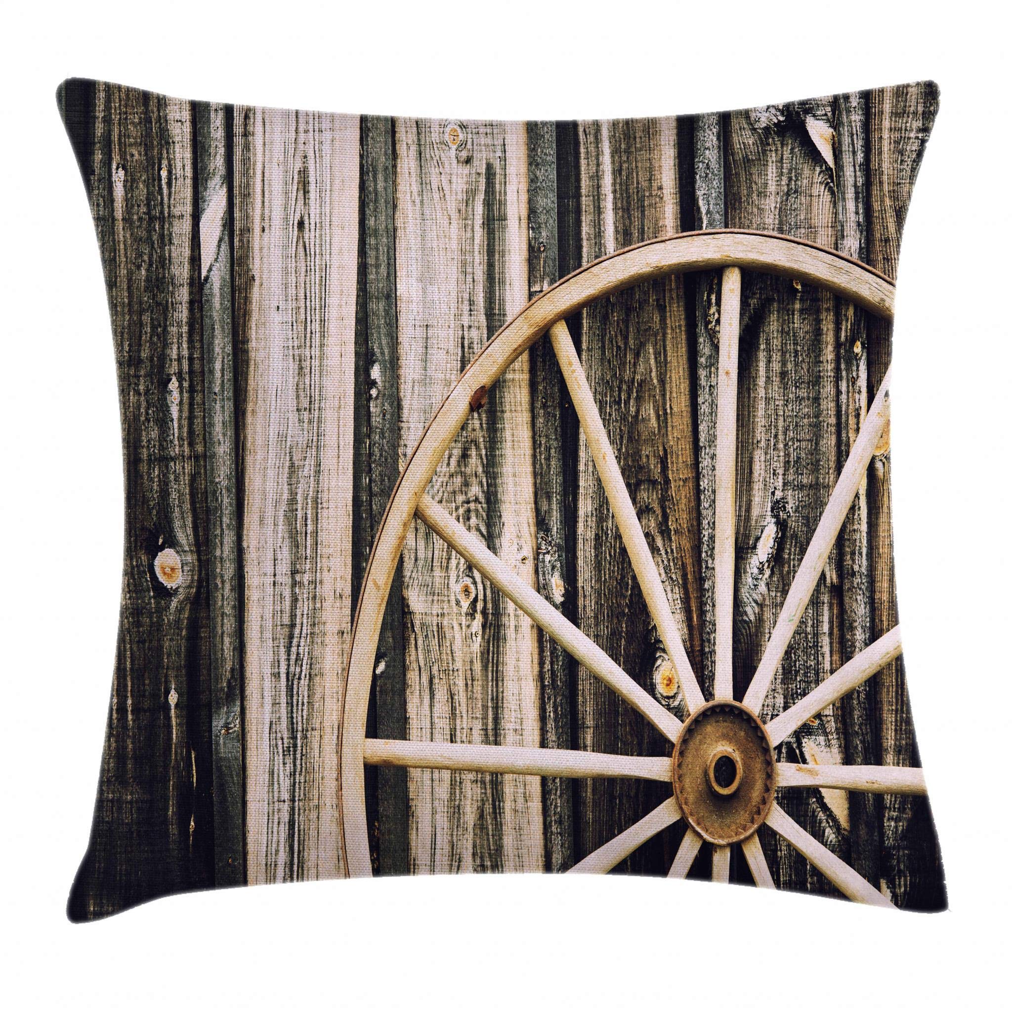 **Ambesonne Rustic Barn Wood Wagon Wheel Throw Pillow Cover 28x28 Inches - Vintage Farmhouse Decor for Living Room, Bedroom, or Cabin - Black & Pale Brown Square Accent Cushion Case**    *(Use for cozy farmhouse style, rustic home accents, or cabin decor to enhance your living room, bedroom, or porch seating.)*