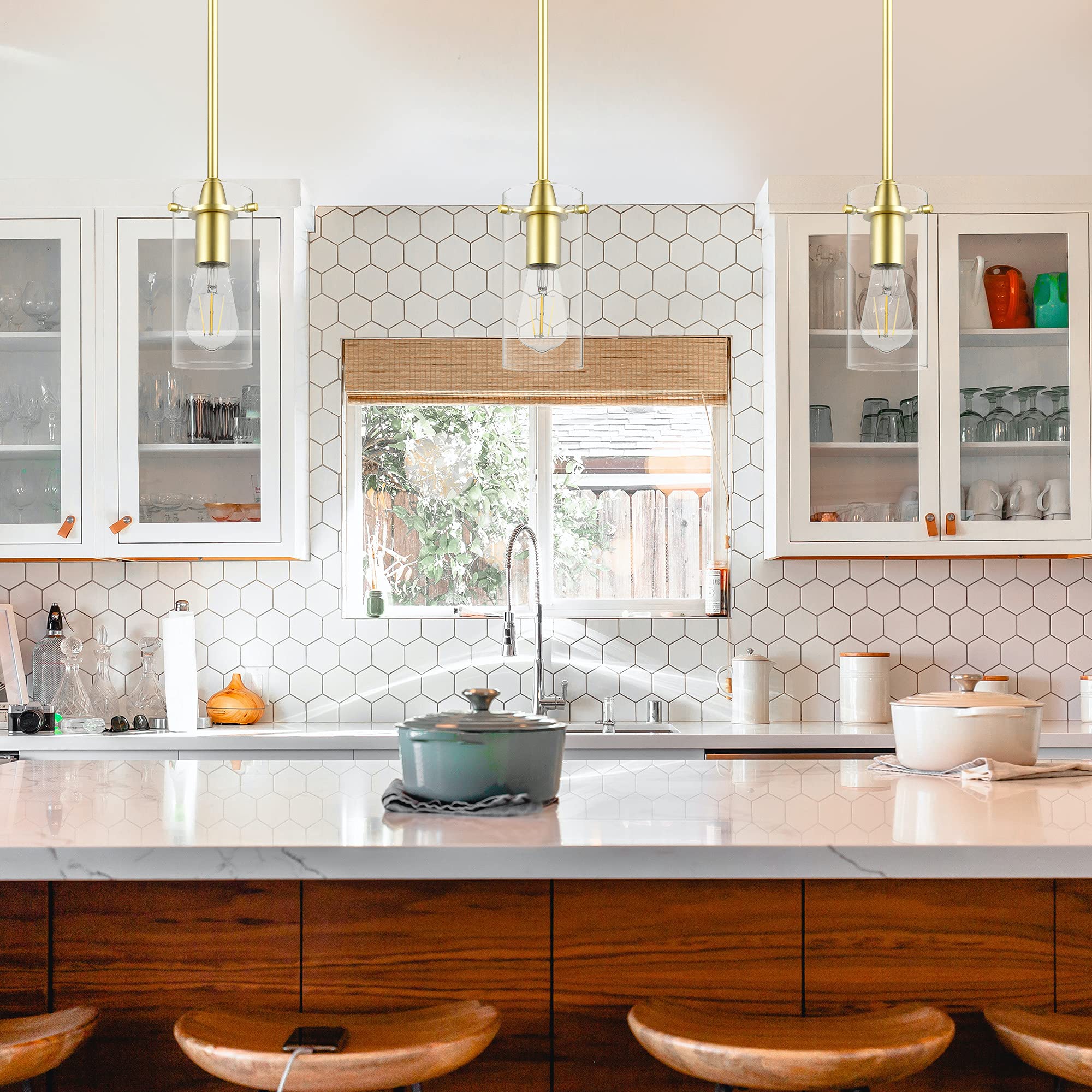 Brass Satin Pendant Lights for Kitchen Island - Small Clear Glass Hanging Light Fixture - Perfect for Dining Room, Bar Counter, and Modern Home Decor