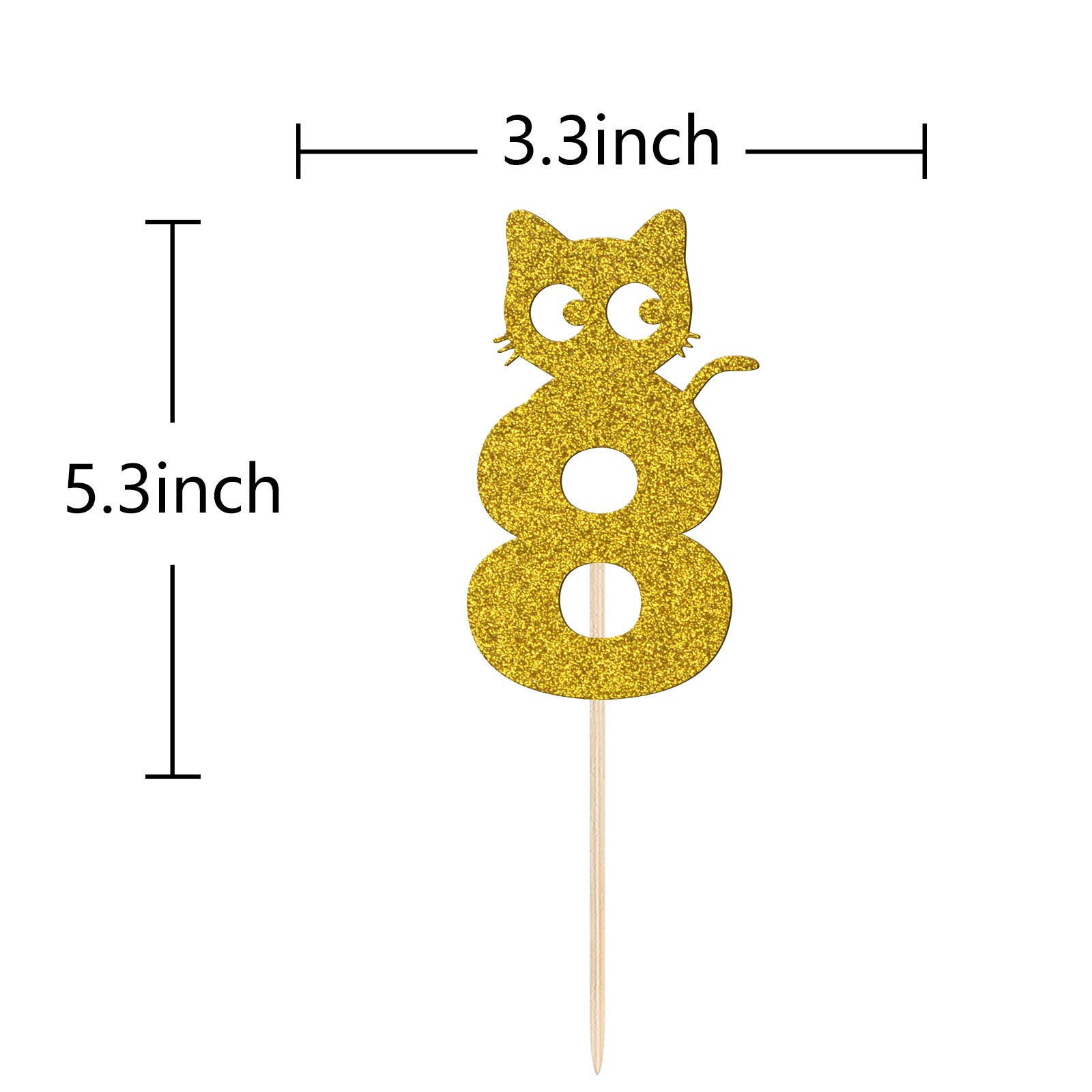 Gold 8th Birthday Cat Cake Toppers - Cartoon Cat Food Picks for Girls & Boys | 8 Years Old Cake Decorations for Baby Showers, Kids & Pet Birthday Parties | Perfect for Birthday Cakes, Cupcakes & Dessert Tables