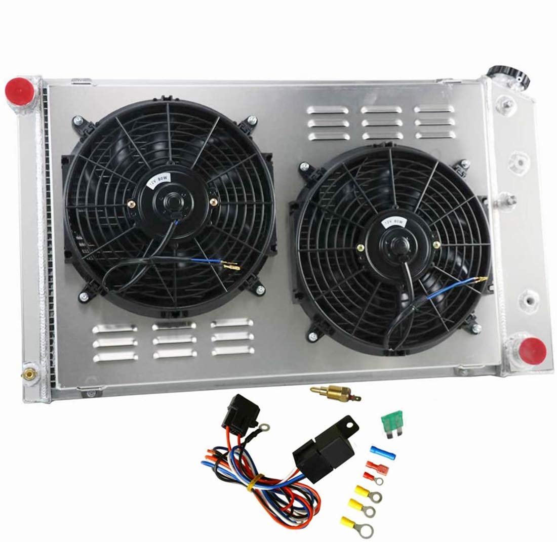 3 Row Aluminum Radiator with Fan Shroud & Thermostat Kit for 1973-1980 Chevy & GMC C/K Series C10 C20 C30 Pickup, 1970-1981 Camaro, 1980-1986 Caprice, 1968-1973 Chevelle & Other GM Models - 32