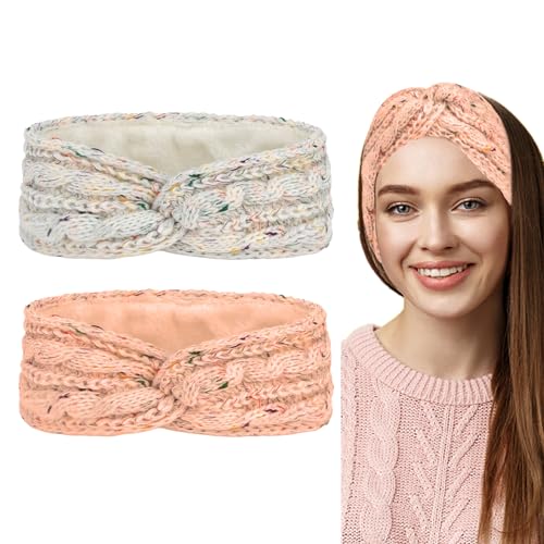 CAVETEE 2 Pack Winter Headbands for Women - Warm Crochet Ear Muffs & Bandana Lined Headbands - Soft Elastic Winter Ear Protectors for Women & Girls - Perfect for Cold Weather, Outdoor Activities & Christmas Gifts