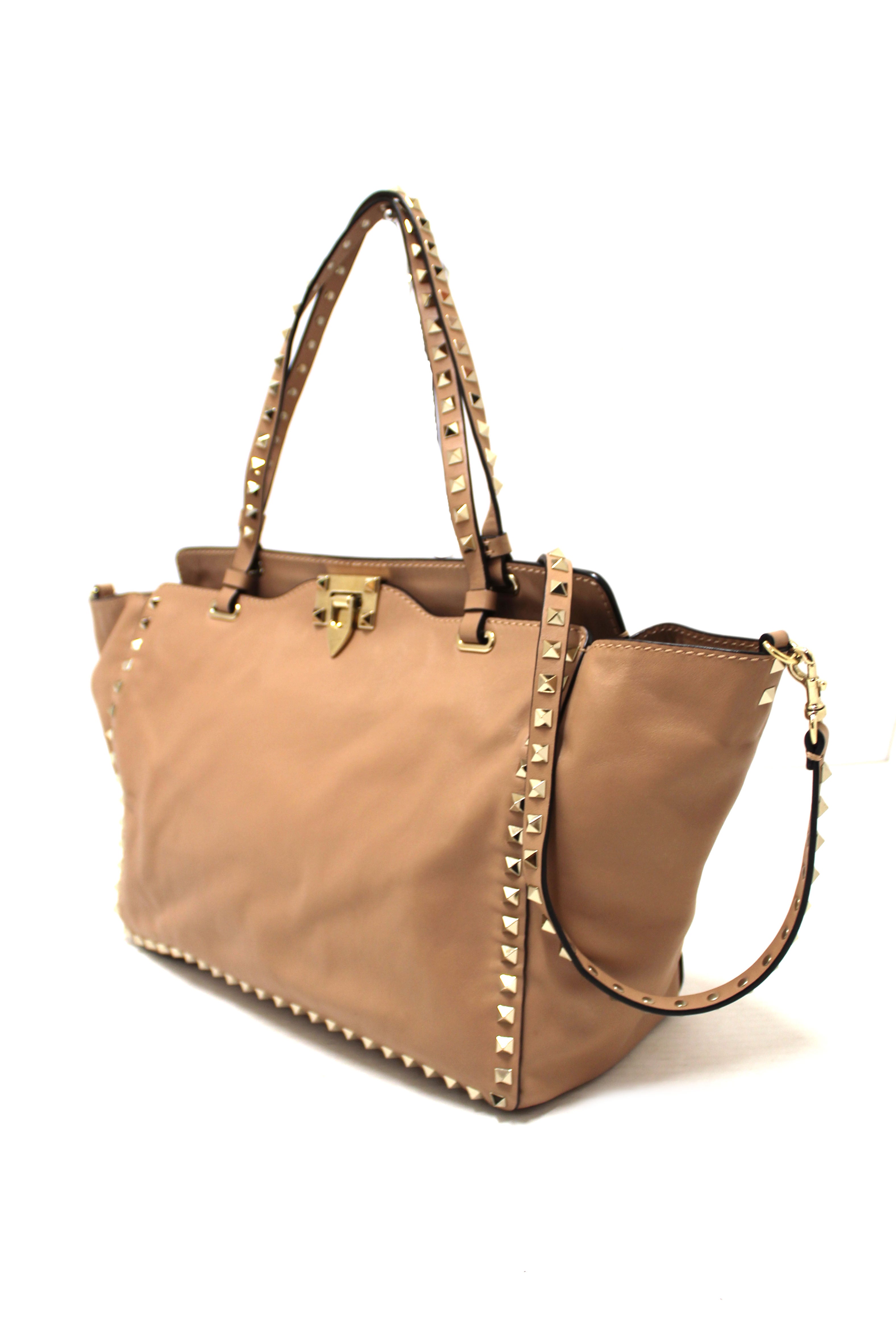 Authentic Valentino Medium Rockstud Beige Nappa Leather Tote Shoulder Bag for Women | Luxury Designer Handbag for Work, Travel & Everyday Use