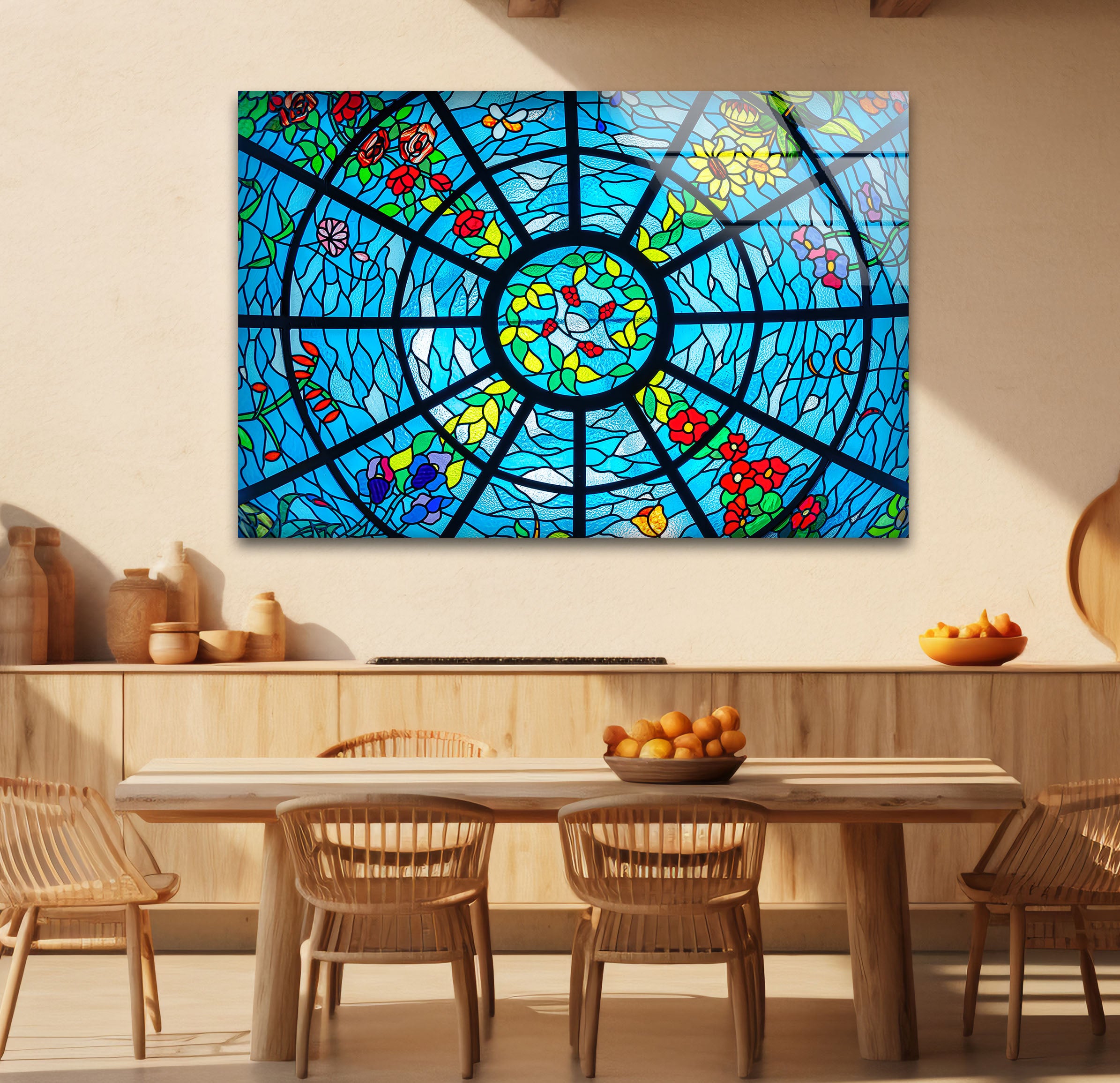 Blue Stained Glass Wall Art - Vibrant Floral & Ocean Window Design for Home & Office Decor | Perfect for Living Room, Bedroom, or Office Wall Decorations