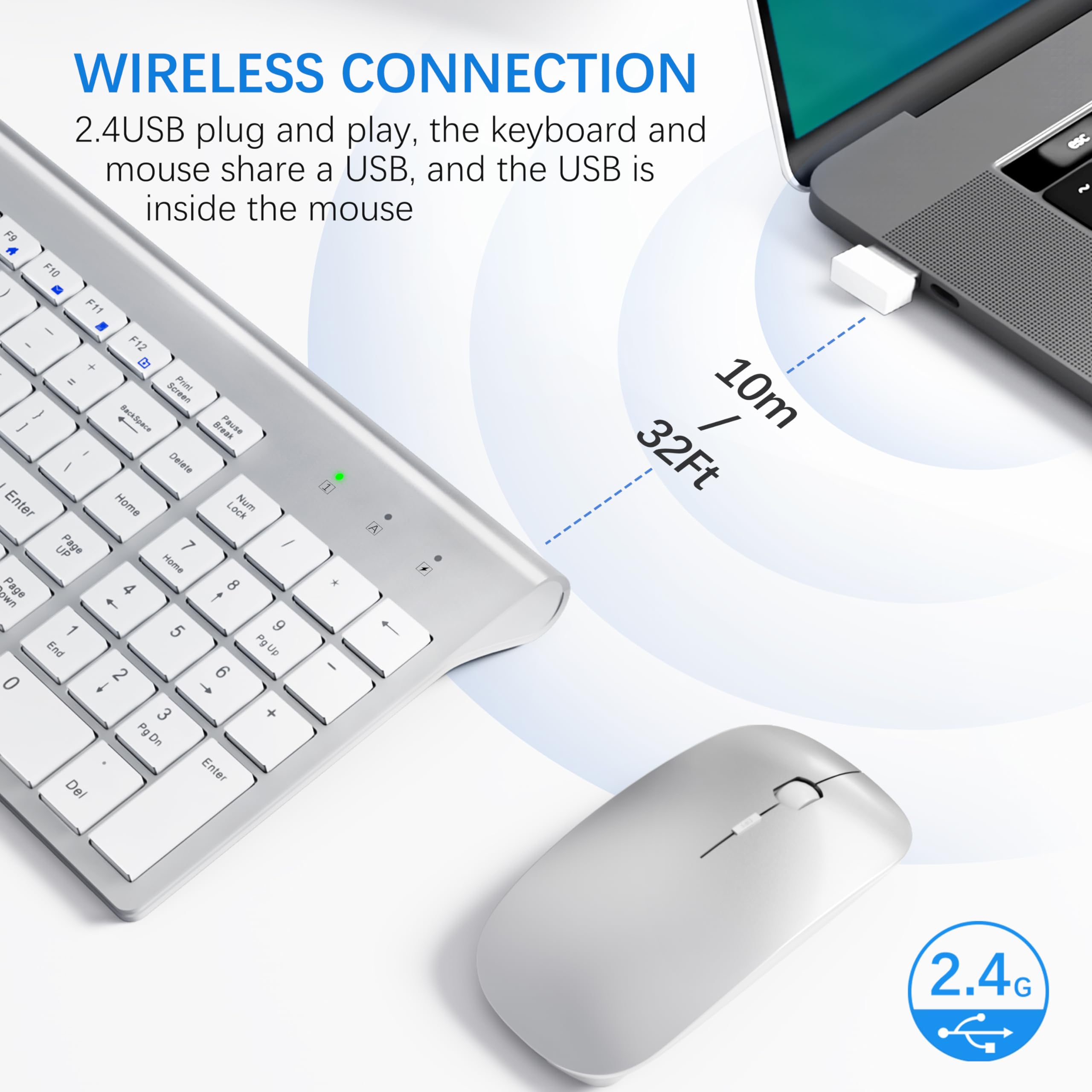 MOOJAY Ultra Slim 2.4G Wireless Keyboard and Mouse Combo with Mouse Pad - Quiet Scissor Switch USB Keyboard & Mouse Set with Protective Cover, Includes 2 AA & 2 AAA Batteries - Compatible with Laptop, PC, Windows (Silver White) | Perfect for Home Office, Gaming & Remote Work