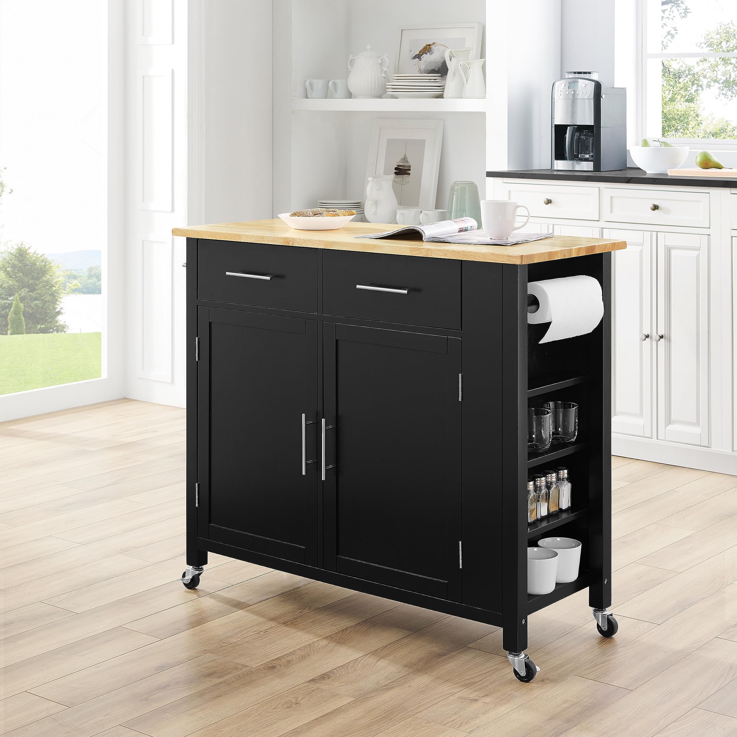 Crosley Savannah Wood Top Rolling Kitchen Island Cart with Shelves & Drawers - Black | Microwave Stand & Storage Solution for Small Kitchens, Apartments & Dining Areas