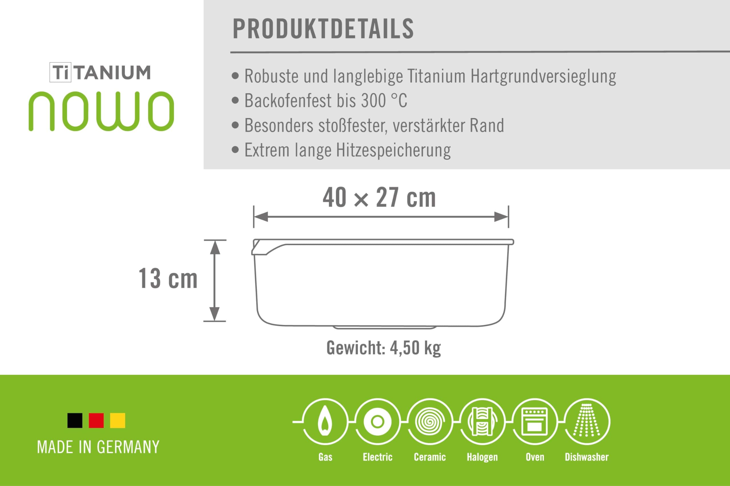 Woll Nowo Titanium Jumbo Roaster with Glass Lid - 40x27cm, 13cm High, 10.5L Capacity - Oven-Safe Cast Aluminum Pot for Ceramic, Gas, Electric & Halogen Stoves (Not Induction Compatible) - Perfect for Roasting Turkey, Baking Casseroles & Family-Sized Meals