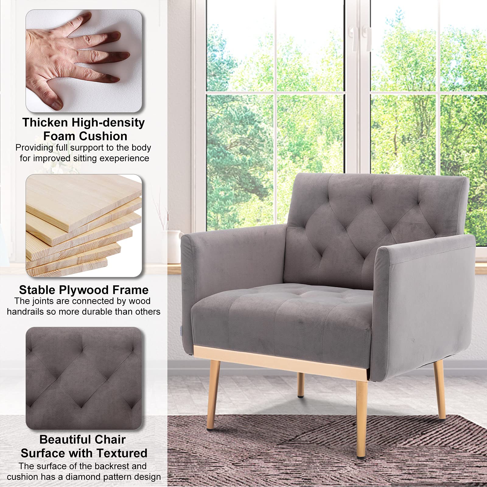 Modern Accent Fabric Chair - Single Sofa with Upholstered Armrests & Rose Gold Metal Legs - Comfortable Living Room, Bedroom & Office Furniture - Gray - Perfect for Reading Nook, Home Office & Lounge Area