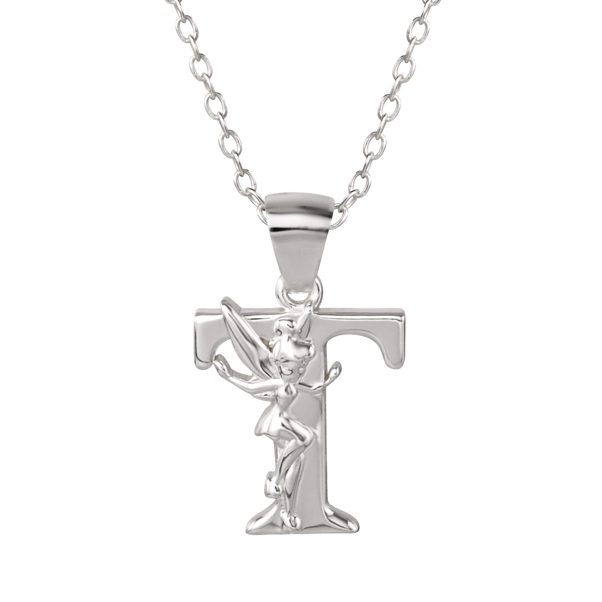 Disney Tinkerbell Silver Initial Pendant Necklace for Women - Fairy Charm Jewelry Gift for Birthday, Anniversary & Special Occasions