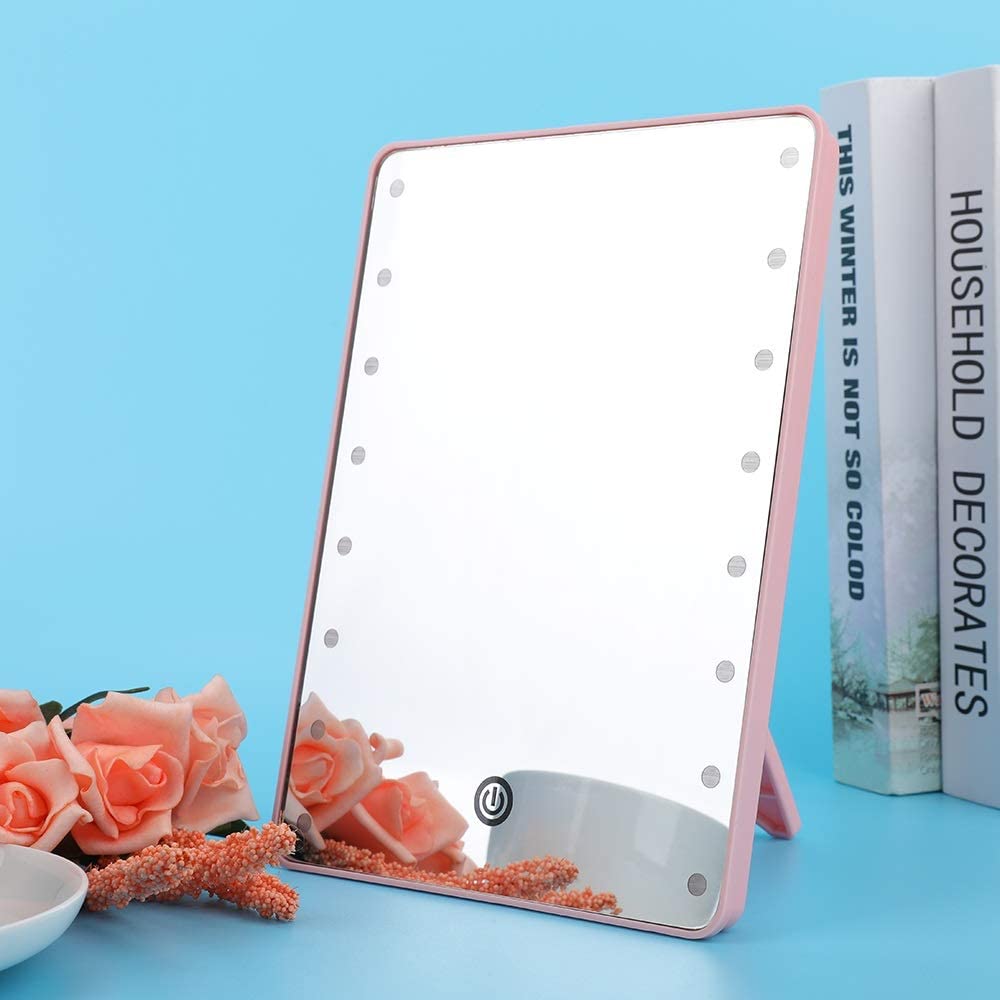 16 LED Makeup Mirror with Touch Dimmer Switch - Battery Operated Vanity Mirror with Stand for Tabletop (Pink) - Perfect for Home Beauty Salon, Dressing Room & Travel Makeup Application