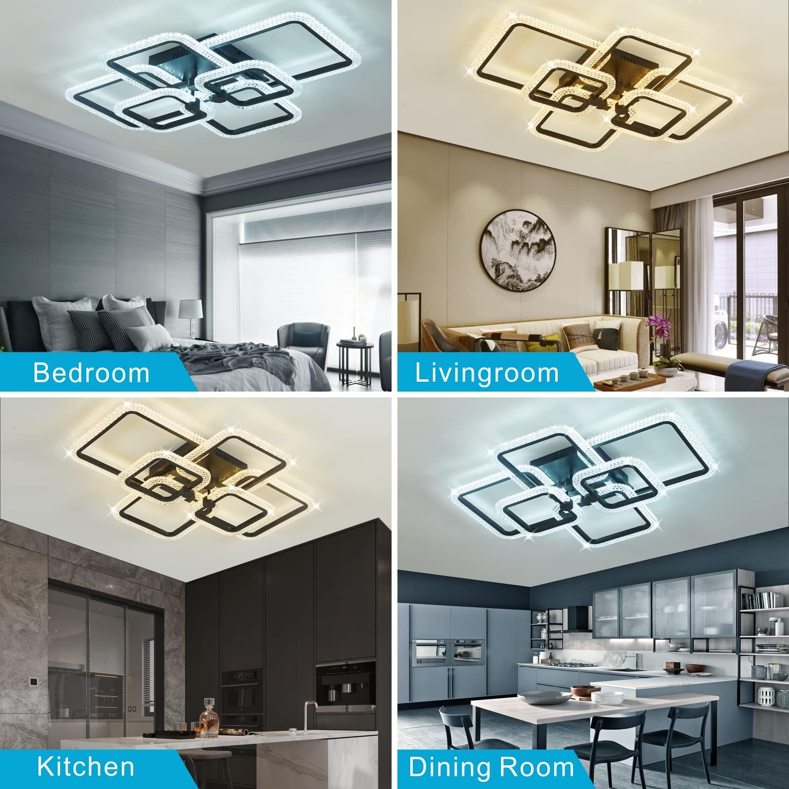 Modern LED Ceiling Light Fixture - Crystal Dimmable Flush Mount with Remote Control, 6 Square Frame Design for Living Room, Dining Room & Kitchen | Perfect for Home Decor, Ambient Lighting & Energy Saving