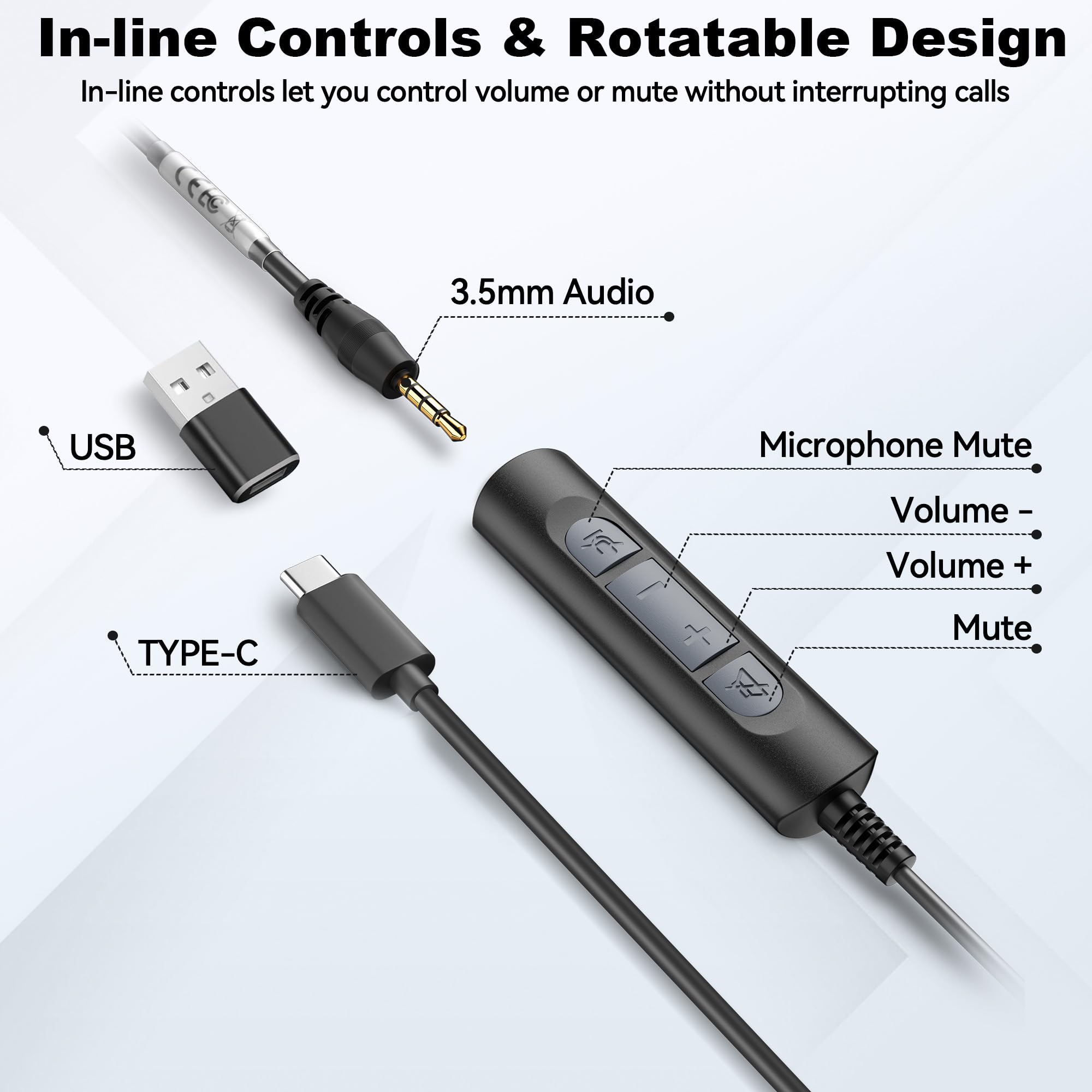 Wantek USB Wired Headset with Noise Cancelling Microphone for PC/Laptop - 3.5mm & USB-C Computer Headphones with Inline Volume Control & Mute Button | Perfect for Online Meetings, Gaming & Remote Work