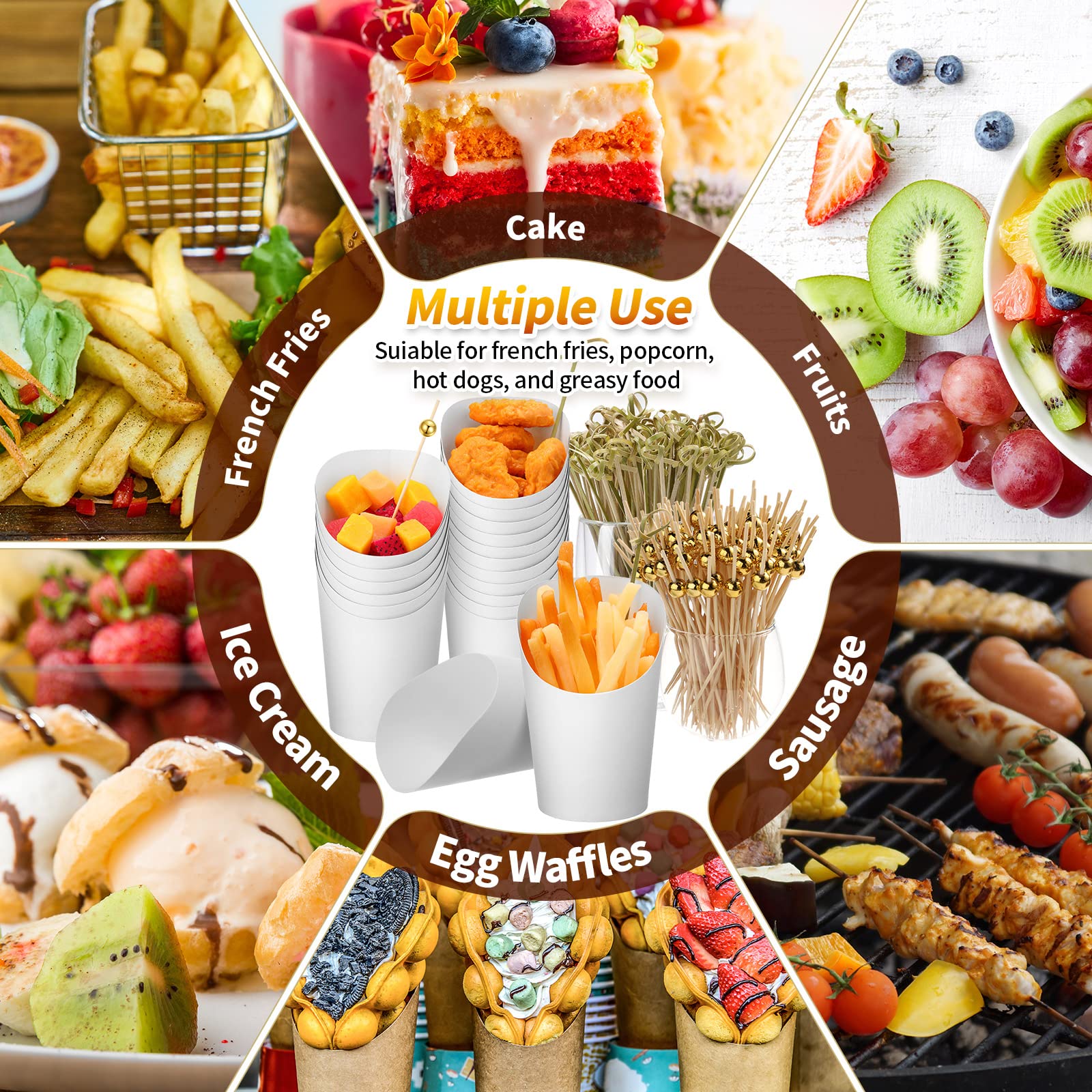 250 Pcs Disposable Charcuterie Cups with 200 Bamboo Skewers & 50 Cocktail Picks - 12 oz White Paper Cones for French Fries, Waffles, Popcorn - Perfect for Weddings, Parties, Takeout & Food Displays