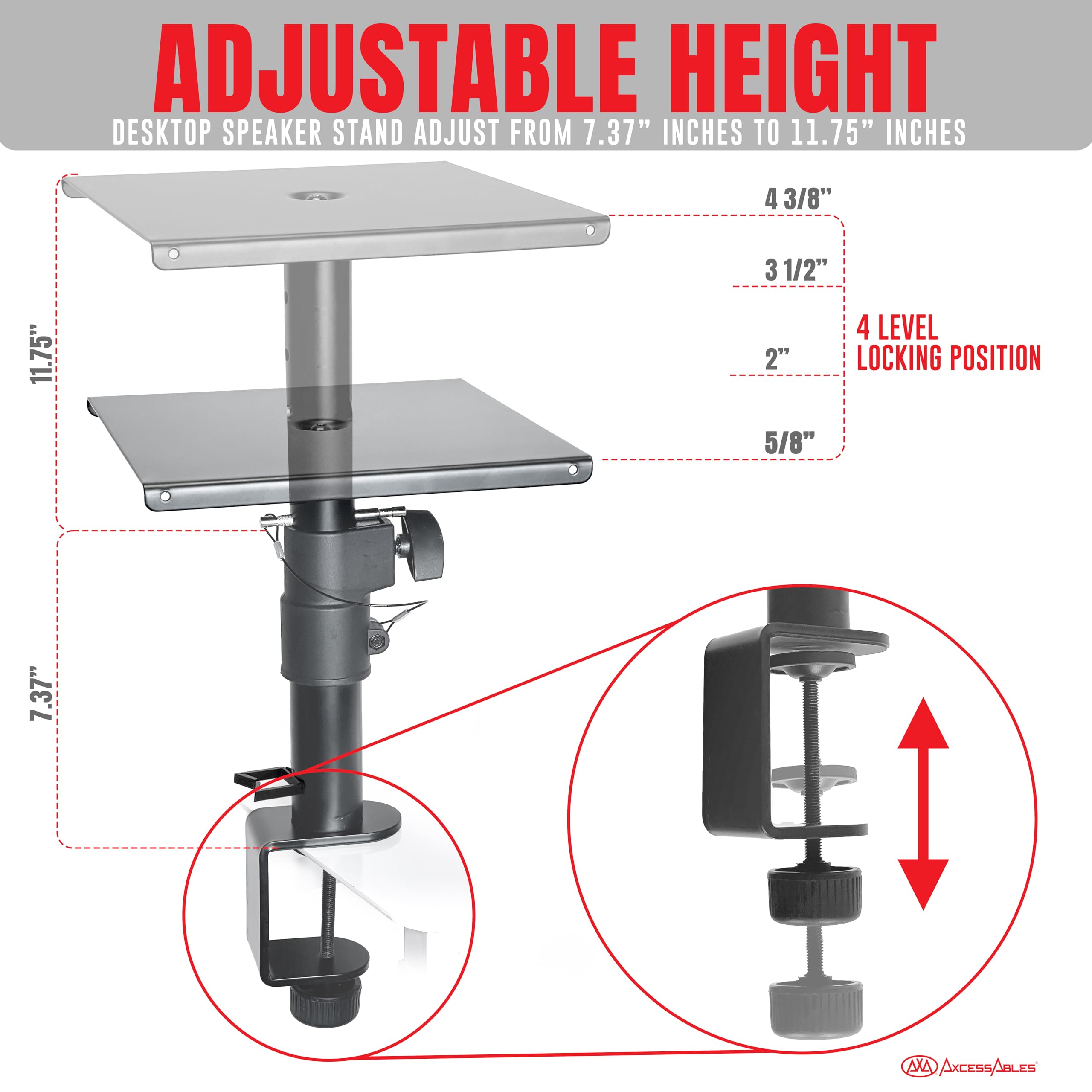 AxcessAbles Adjustable Clamp-On Studio Monitor Speaker Stands (Pair) - Height Adjustable Desk Mount for Studio Monitors & Bookshelf Speakers | Perfect for Home Studios, Gaming Setups & Office Workspaces