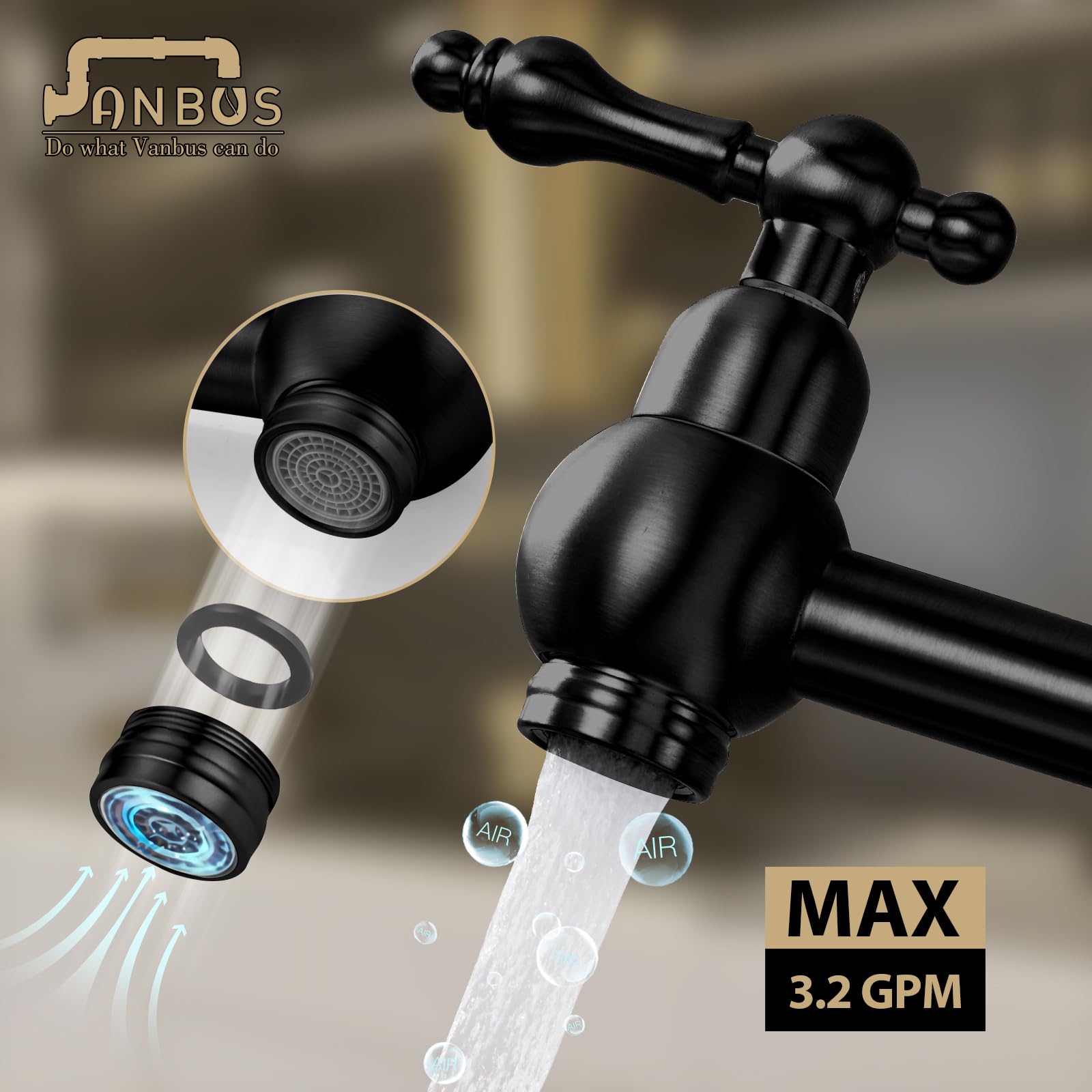 Vintage Matte Black Dual Valve Wall Mount Pot Filler Faucet with Two Handles & Adjustable Swing Arms - Perfect for Kitchen, Restaurant, and Commercial Cooking Areas