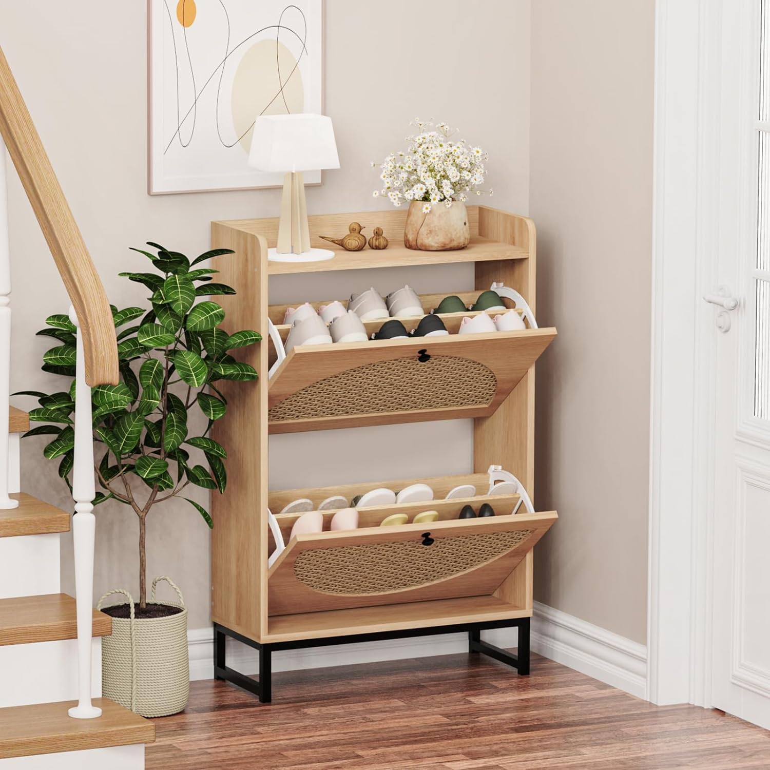 Premium KFO Shoe Cabinet with 2 Handmade Natural Rattan Flip Drawers - Entryway Shoe Storage Organizer for Sneakers, Leather Shoes & Slippers | Free Standing Shoe Rack for Hallway, Bedroom & Closet Organization