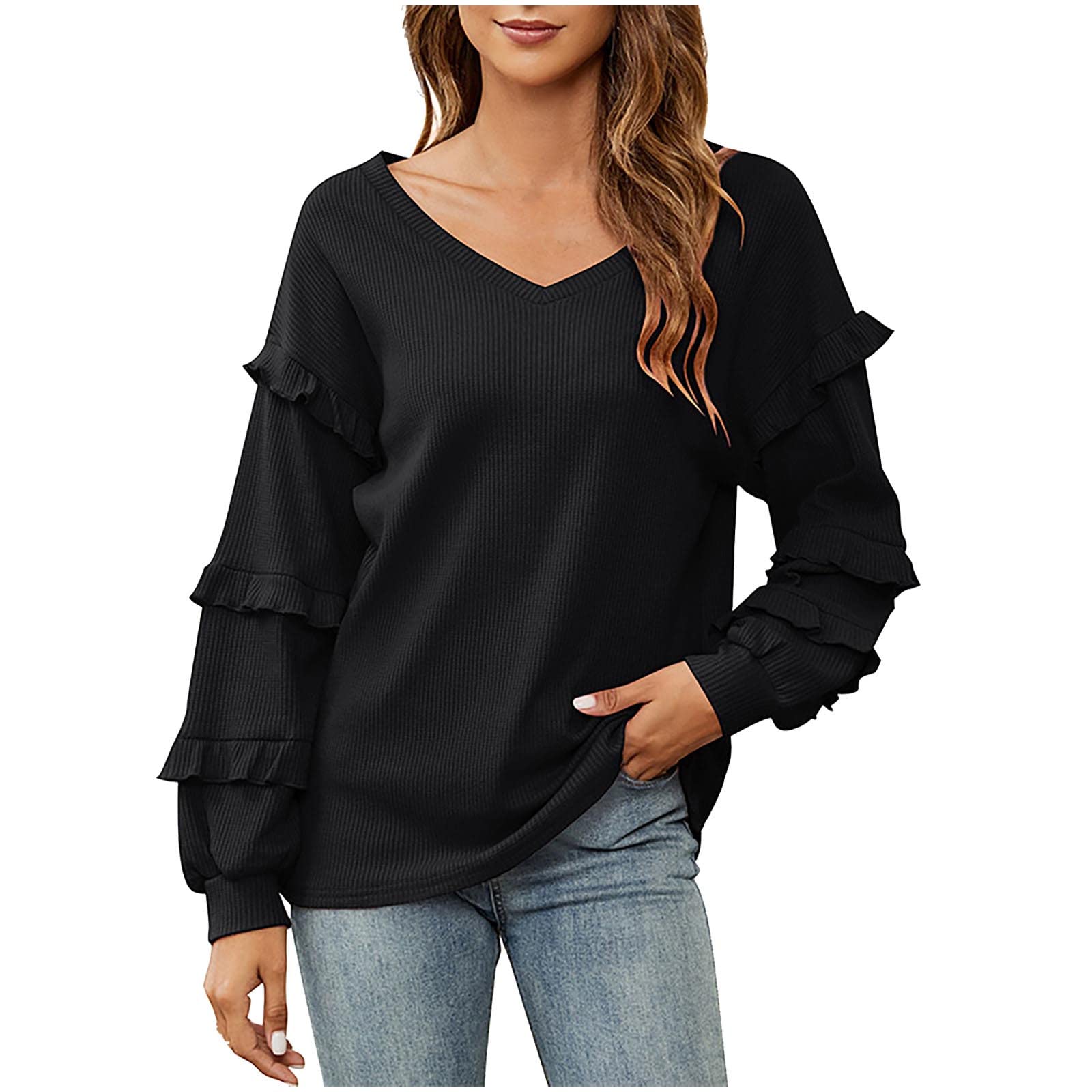 Women's Long Sleeve Pullover Top - Solid Color Waffle Knit Drop Shoulder Ruffle Trim Blouse for Fall Winter | Casual Outfit, Layering, Office Wear, Date Night
