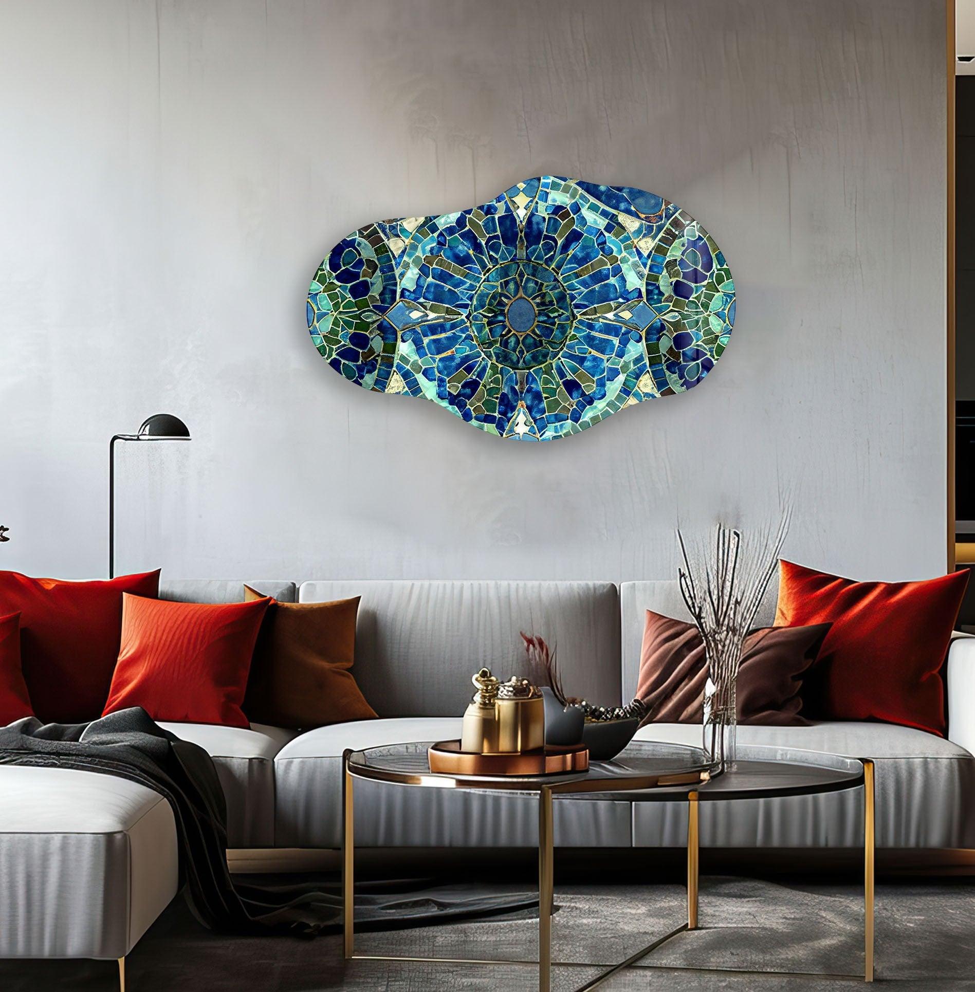 Handmade Asymmetrical Blue Mosaic Glass Wall Art - Modern Abstract Home Decor for Living Room, Bedroom & Office