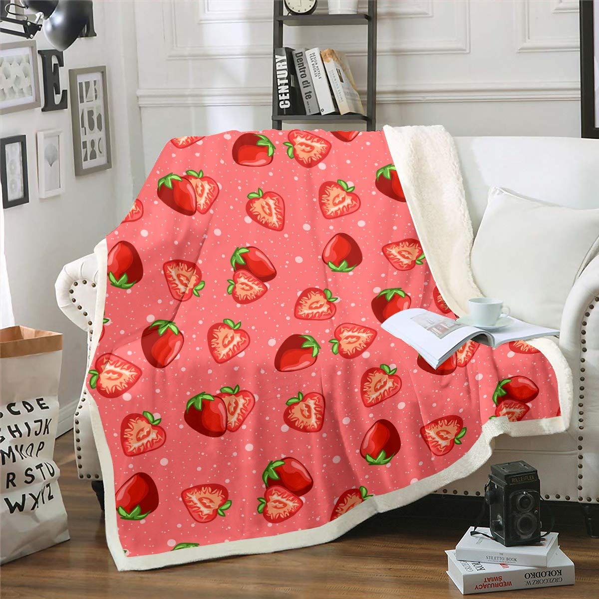 Feelyou Soft Pink Strawberry Sherpa Blanket for Kids & Girls - Cozy Fuzzy Throw Blanket for Sofa, Bed, Couch - 90x90 Inch Queen Size - Perfect for Snuggling, Winter Nights & Nursery Decor