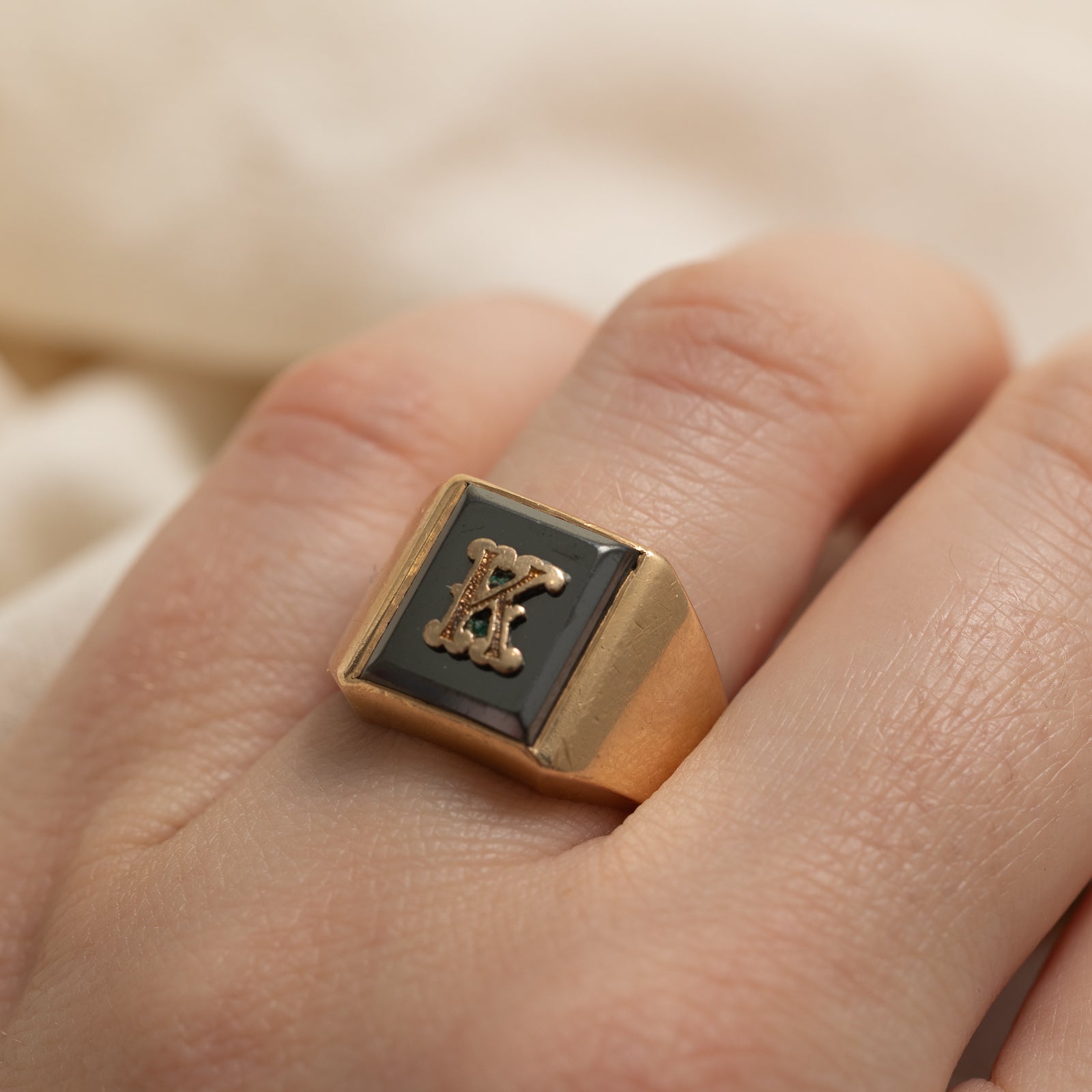 14K Hematite 'K' Initial Signet Ring - 3.00ct Genuine Stone, Size 7 - Elegant Personalized Jewelry for Men & Women | Perfect for Gifts, Engagements & Everyday Wear