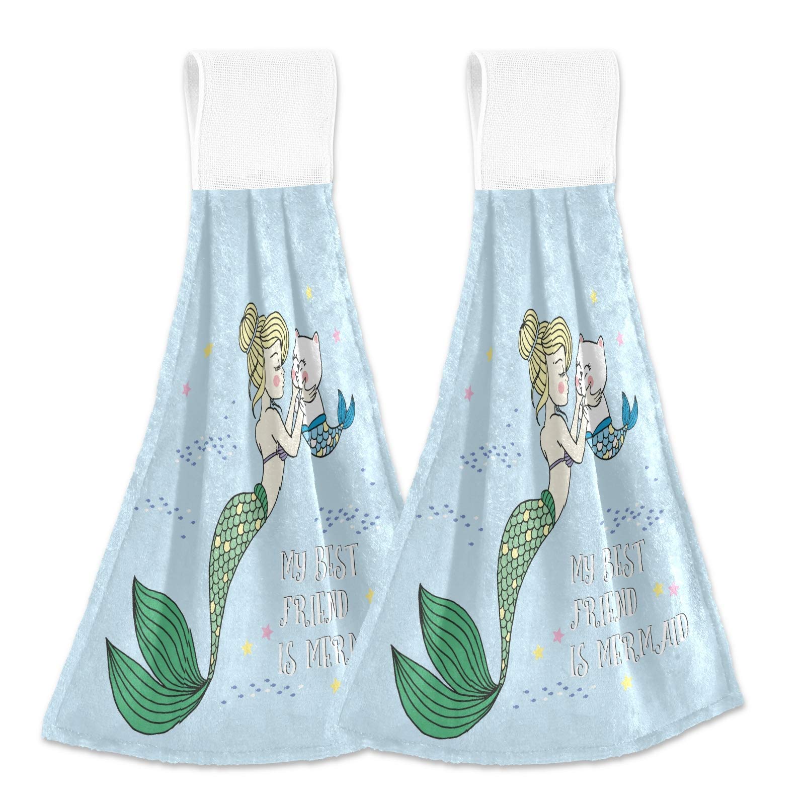 Mermaid Kiss Cat Hanging Hand Towels Set of 2 - Soft Microfiber Kitchen Towels with Loops, Absorbent Dish Cloths & Fingertip Towels for Bathroom, Stove - Cute Summer Decor for Home & Kitchen
