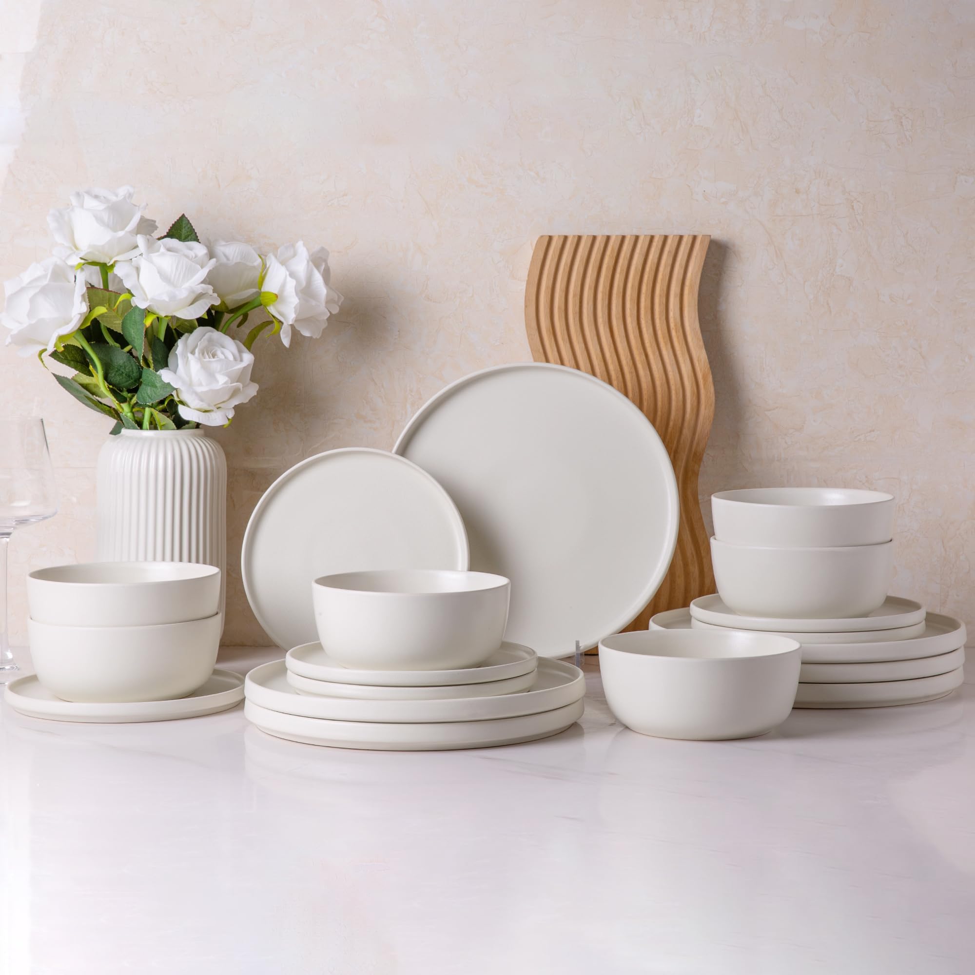 AmorArc 18-Piece Stoneware Dinnerware Set for 6 - Chip & Crack Resistant Ceramic Plates & Bowls | Dishwasher & Microwave Safe | Matte White Round Dishes | Perfect for Family Dinners, Restaurants & Entertaining