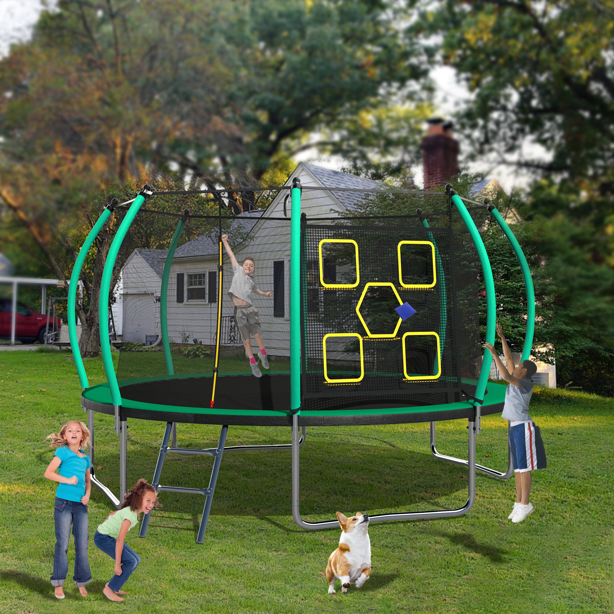 14FT Trampoline with Safety Enclosure & Ladder - ASTM Approved Outdoor Trampoline for Kids - Perfect for Backyard Fun, Exercise, and Family Outdoor Activities