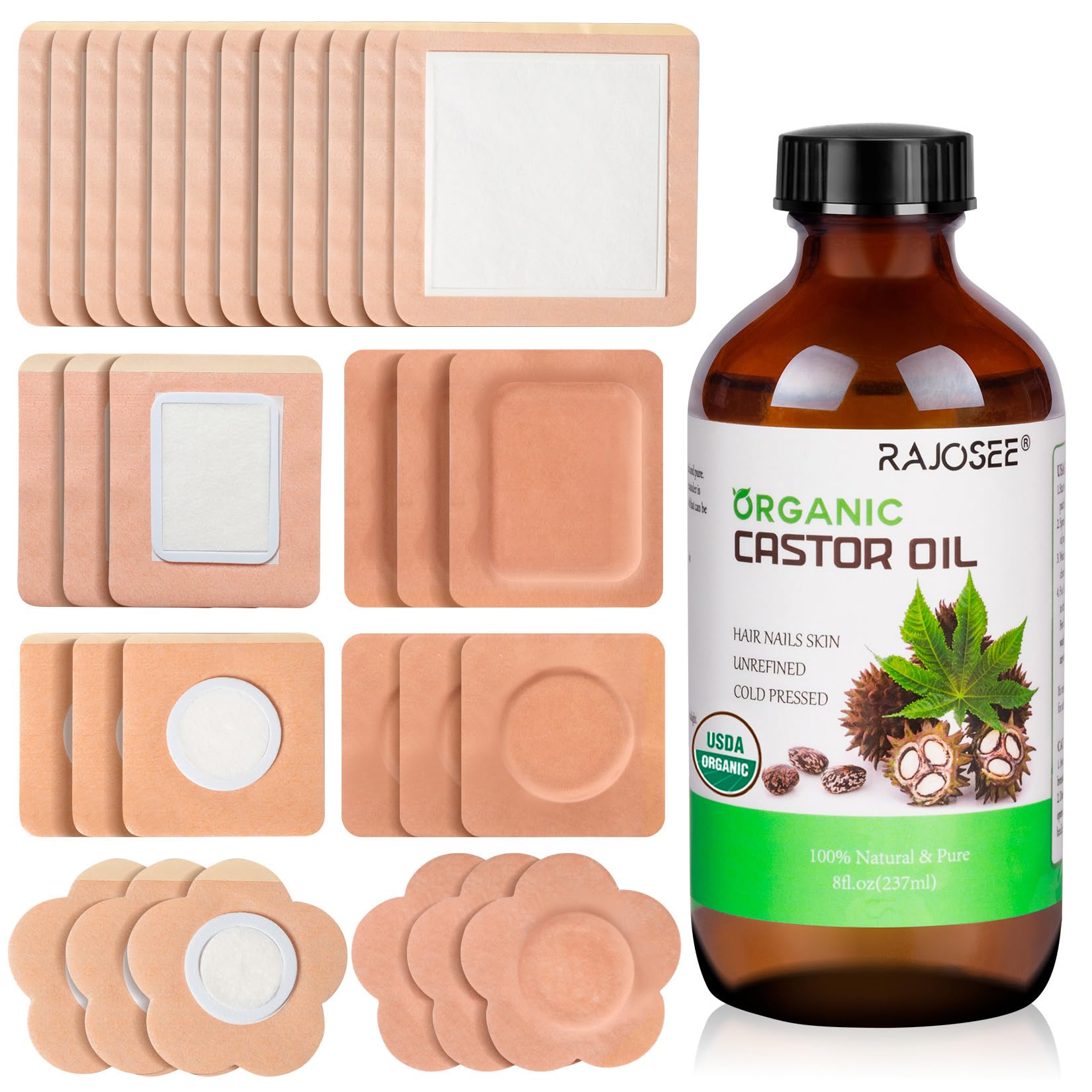 32Pcs Organic Cold Pressed Castor Oil Pack with 8oz Glass Bottle - Reusable Cotton Wrap for Waist, Back, Neck & Arm Pain Relief - Self-Adhesive for Easy Use - Perfect for Muscle Recovery & Relaxation
